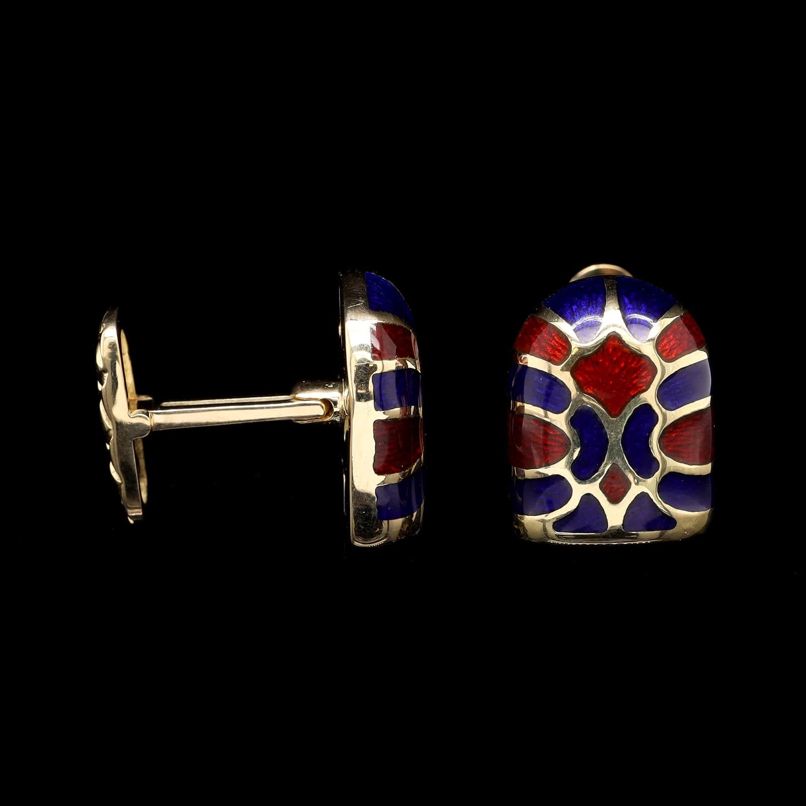 18K Yellow Gold Estate Blue and Red Enamel Cufflinks