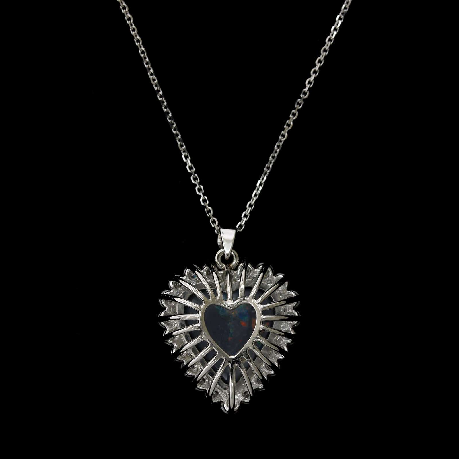 18K White Gold Estate Black Opal and Diamond Heart Pendant - Image 3
