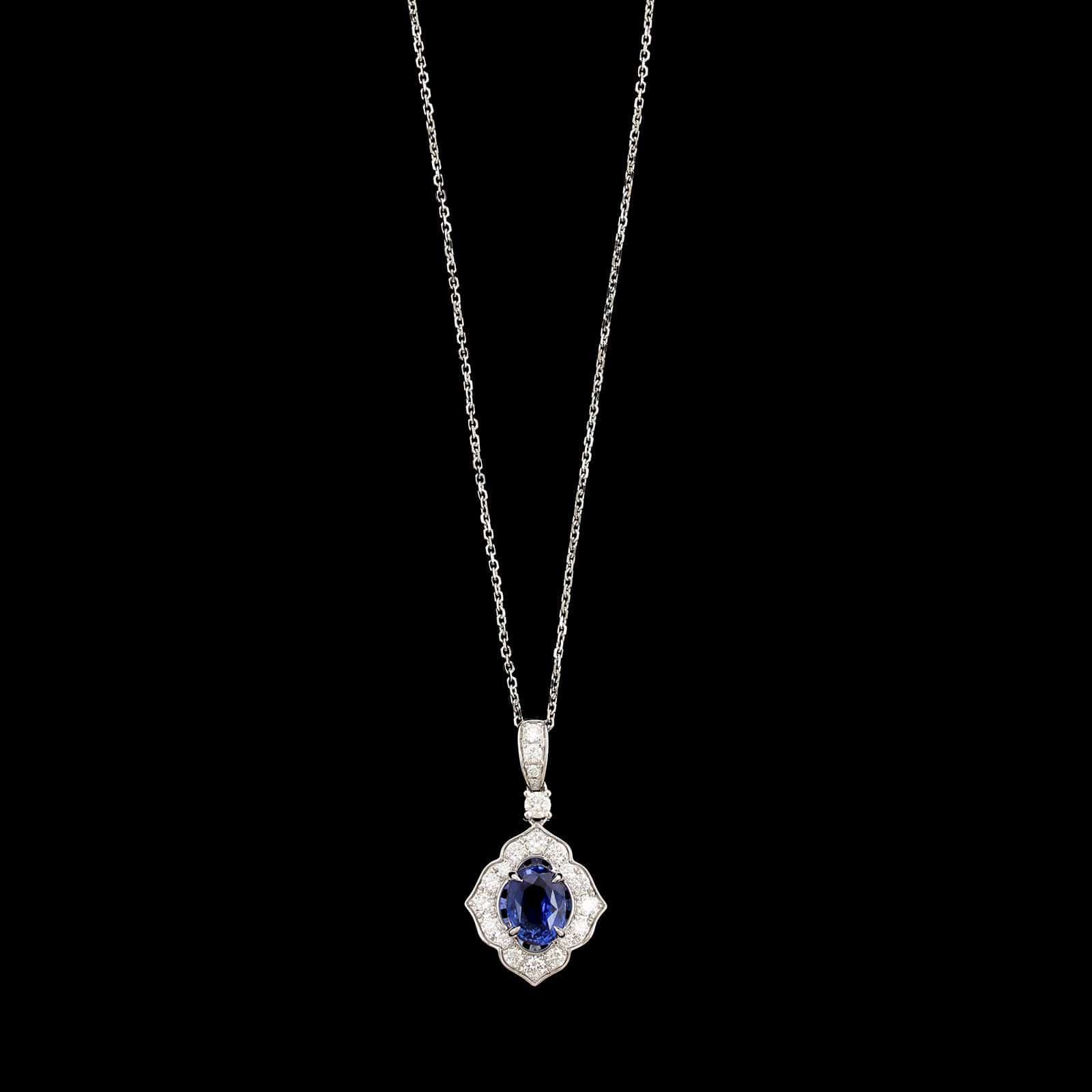 18K White Gold Estate Sapphire and Diamond Pendant Necklace
