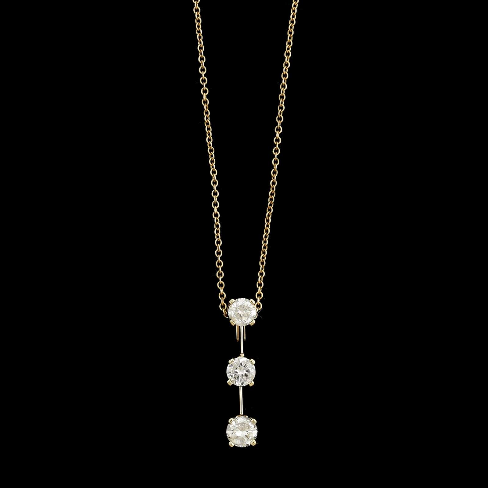 14K Yellow Gold Estate Three Stone Diamond Pendant Necklace
