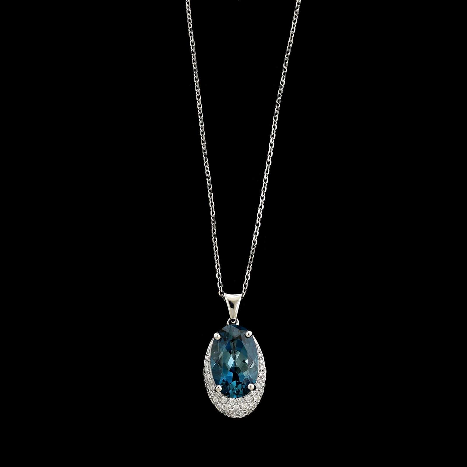 14K White Gold Estate Blue Topaz and Diamond Pendant Necklace