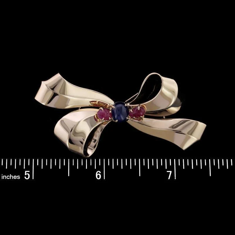Retro 14K Yellow Gold Estate Sapphire and Ruby Bow Pin - Image 2