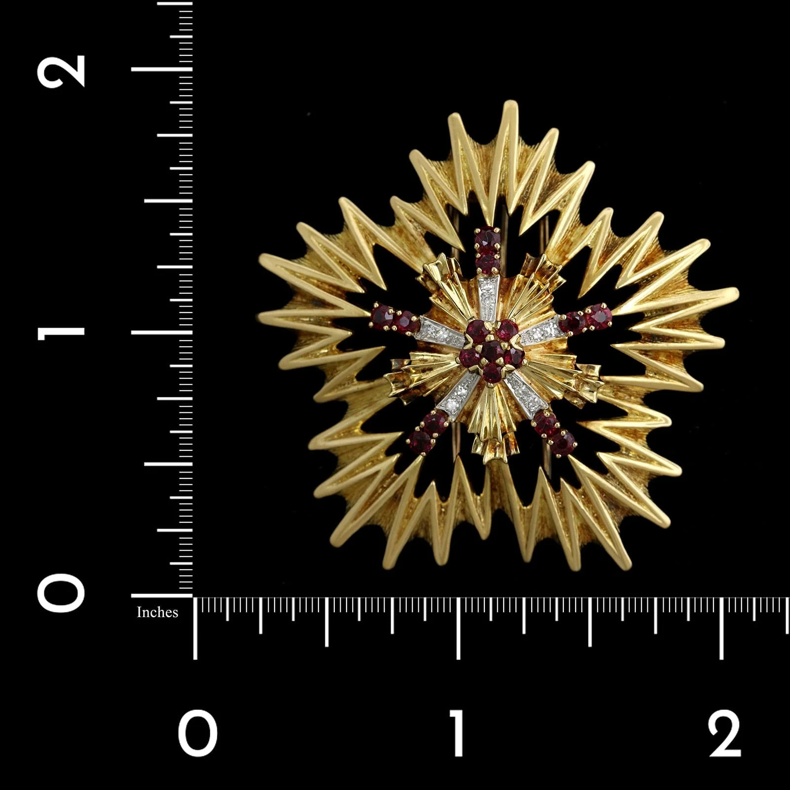 18K Yellow Gold Estate Ruby and Diamond Brooch - Image 2