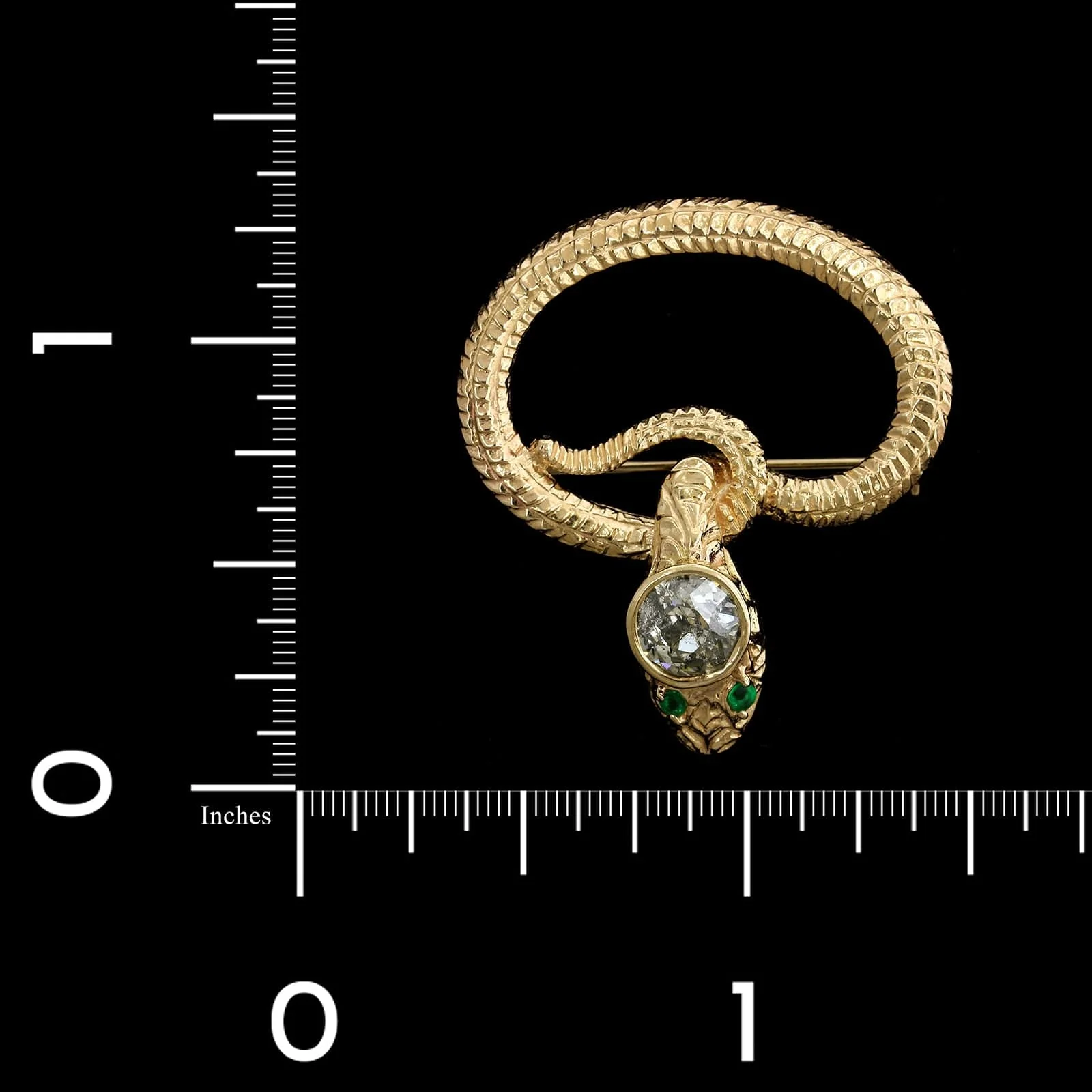 14K Yellow Gold Estate Emerald and Diamond Snake Pin - Image 3