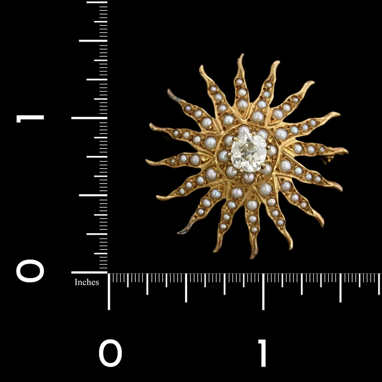 Antique 14K Yellow Gold Estate Diamond and Cultured Seed Pearl Starburst Pin Pendant - Image 3