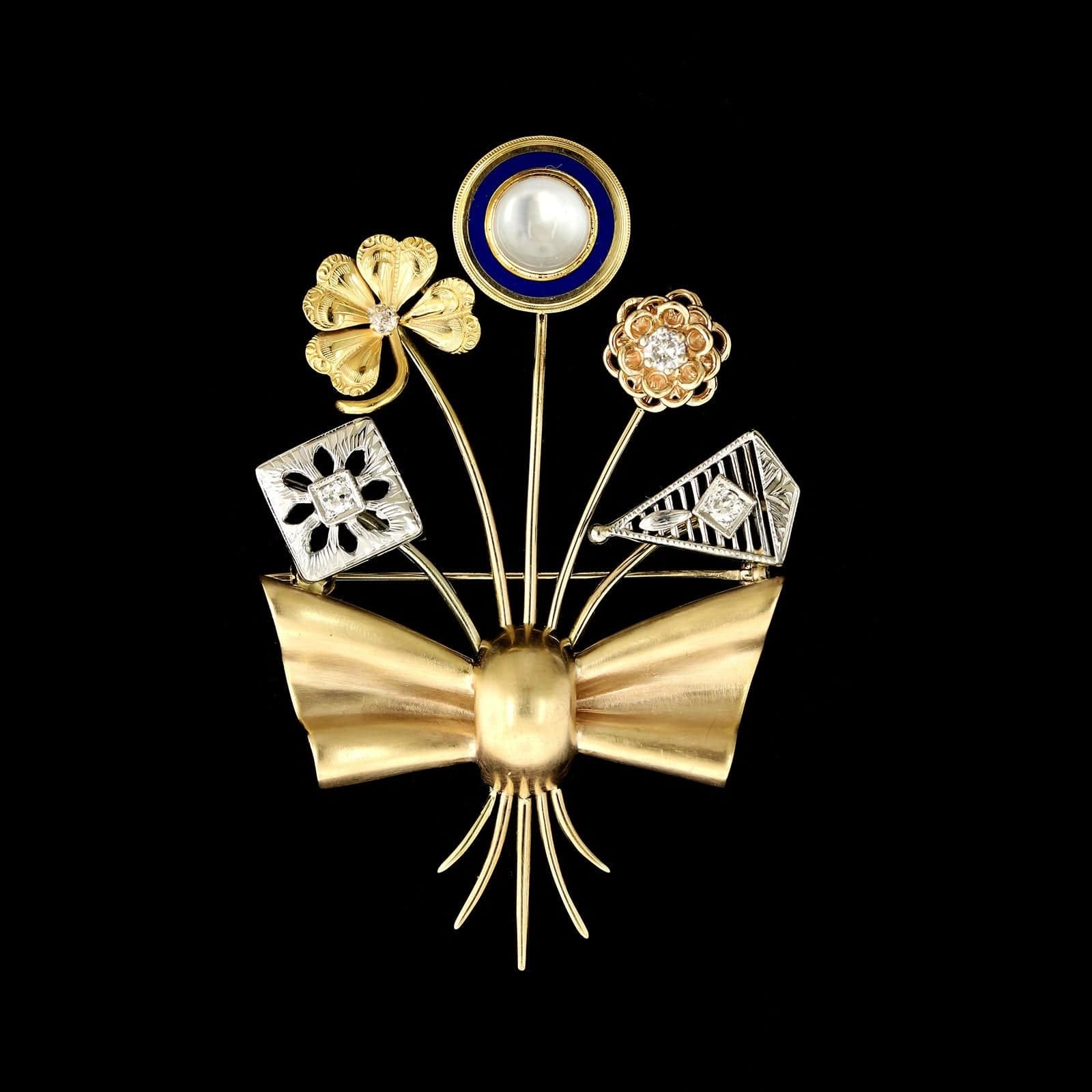 Vintage 14K Two-tone Gold Estate Diamond and Moonstone Stickpin Bouquet Pin