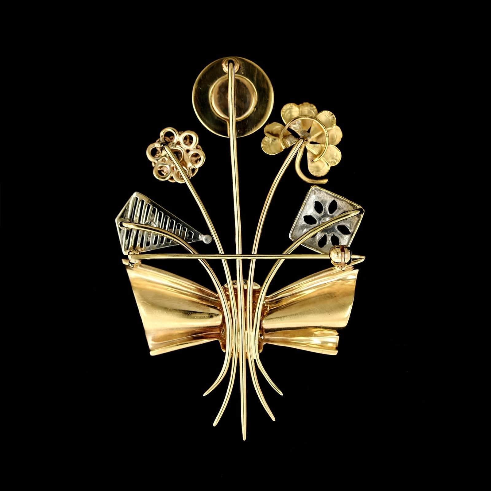 Vintage 14K Two-tone Gold Estate Diamond and Moonstone Stickpin Bouquet Pin - Image 2