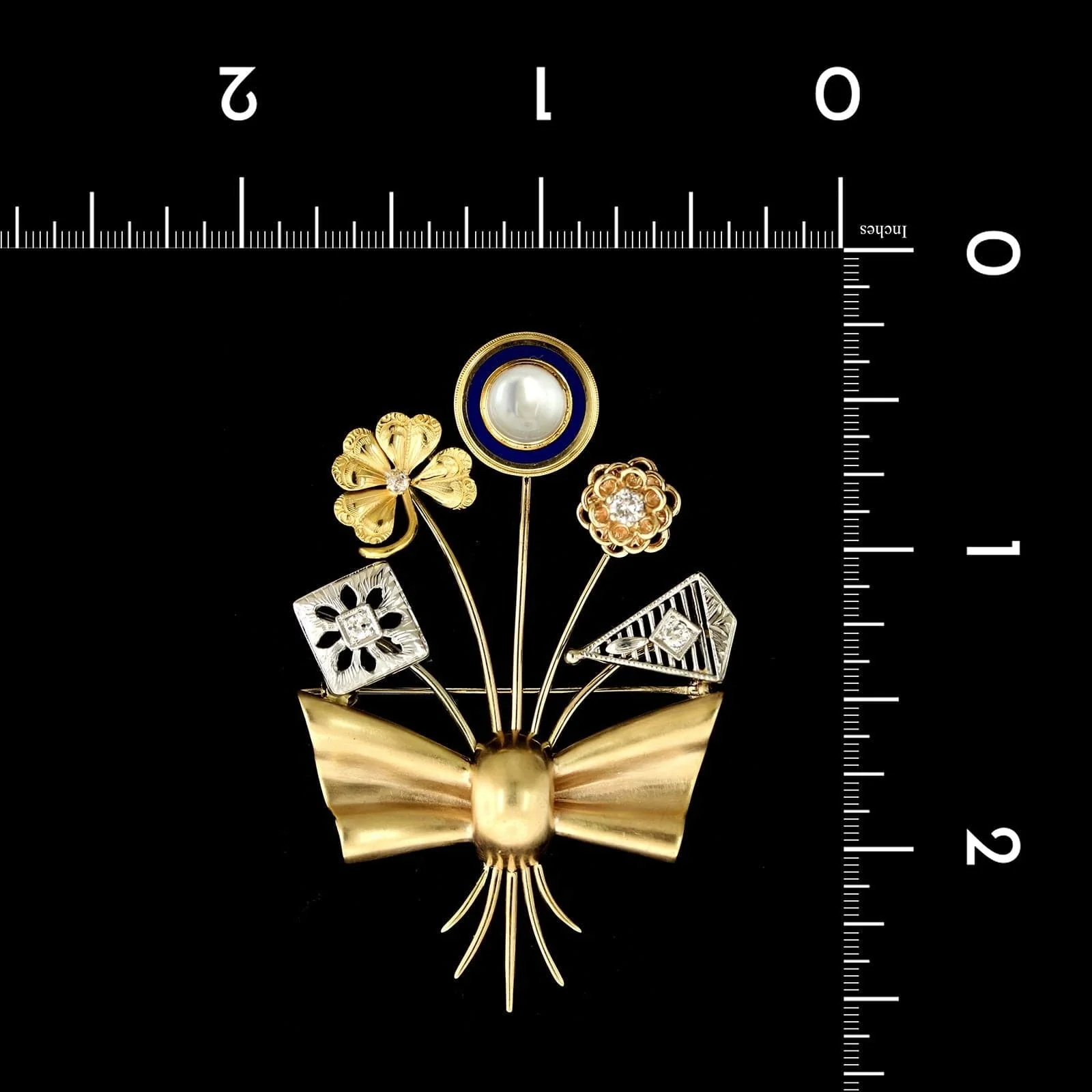 Vintage 14K Two-tone Gold Estate Diamond and Moonstone Stickpin Bouquet Pin - Image 3