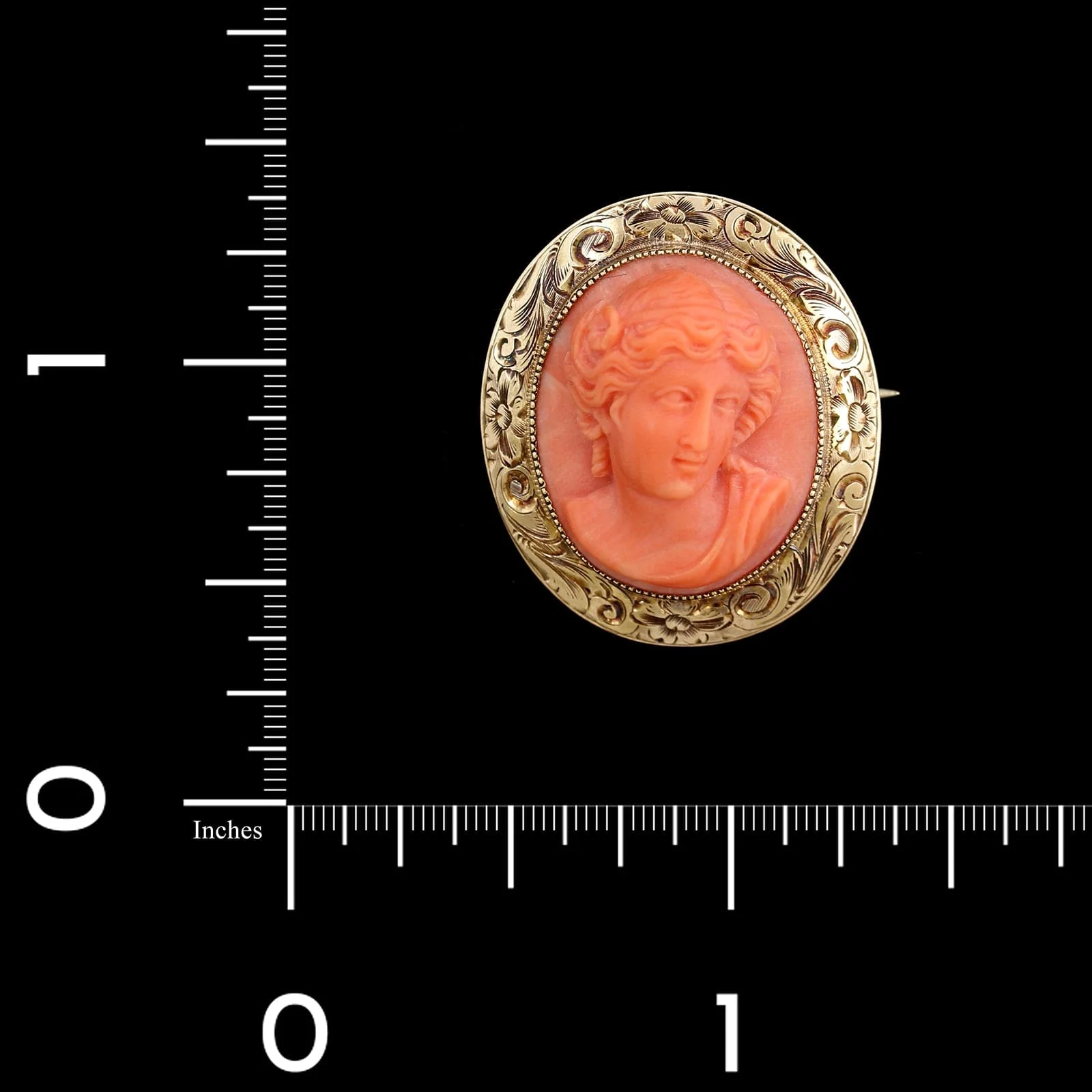 Vintage 14K Yellow Gold Estate Hand Engraved Coral Cameo Pin - Image 3