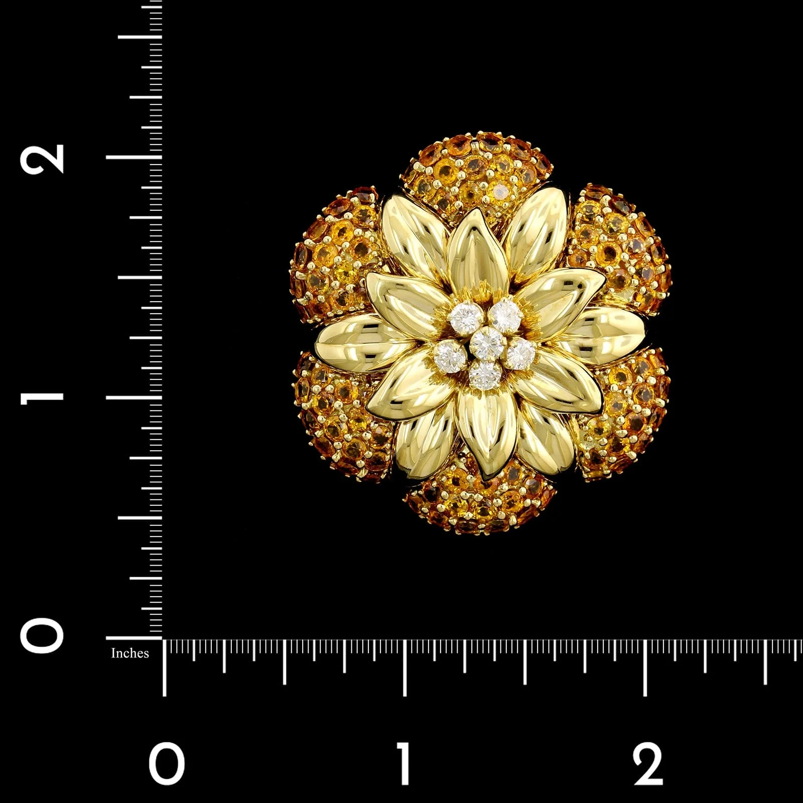 Sabbadini 18K Yellow Gold Estate Yellow Sapphire and Diamond Flower Brooch - Image 3