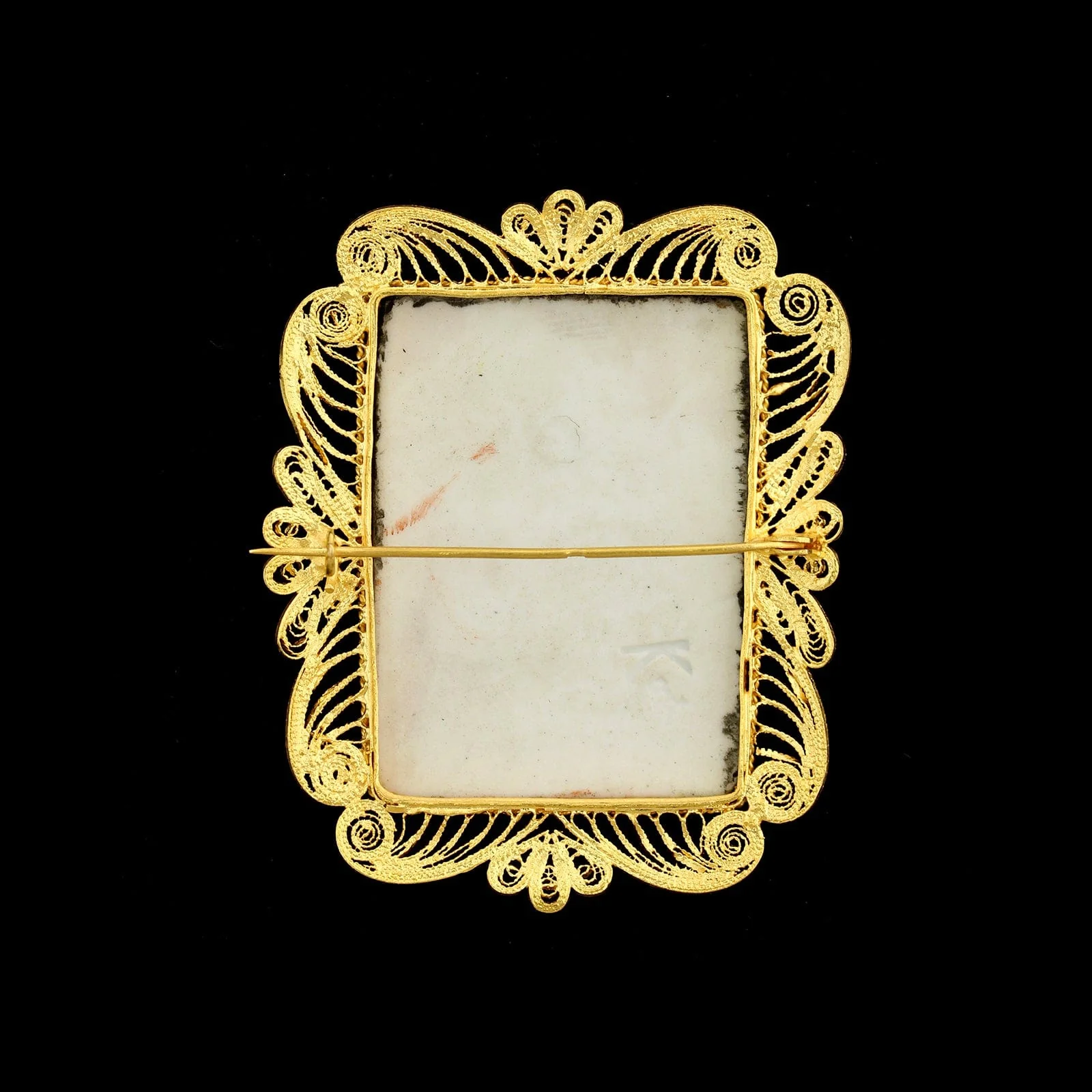 Vintage 18K Yellow Gold Estate Saint Fabiola Porcelain Filigree Brooch - Image 2