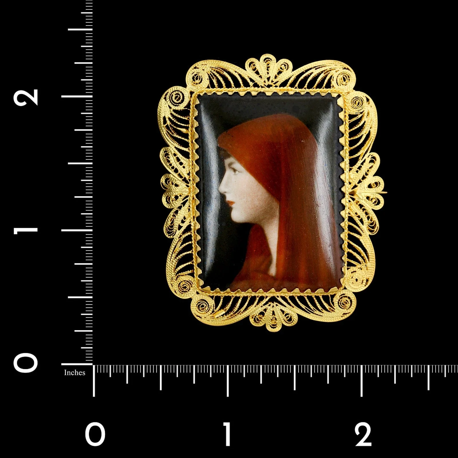 Vintage 18K Yellow Gold Estate Saint Fabiola Porcelain Filigree Brooch - Image 3