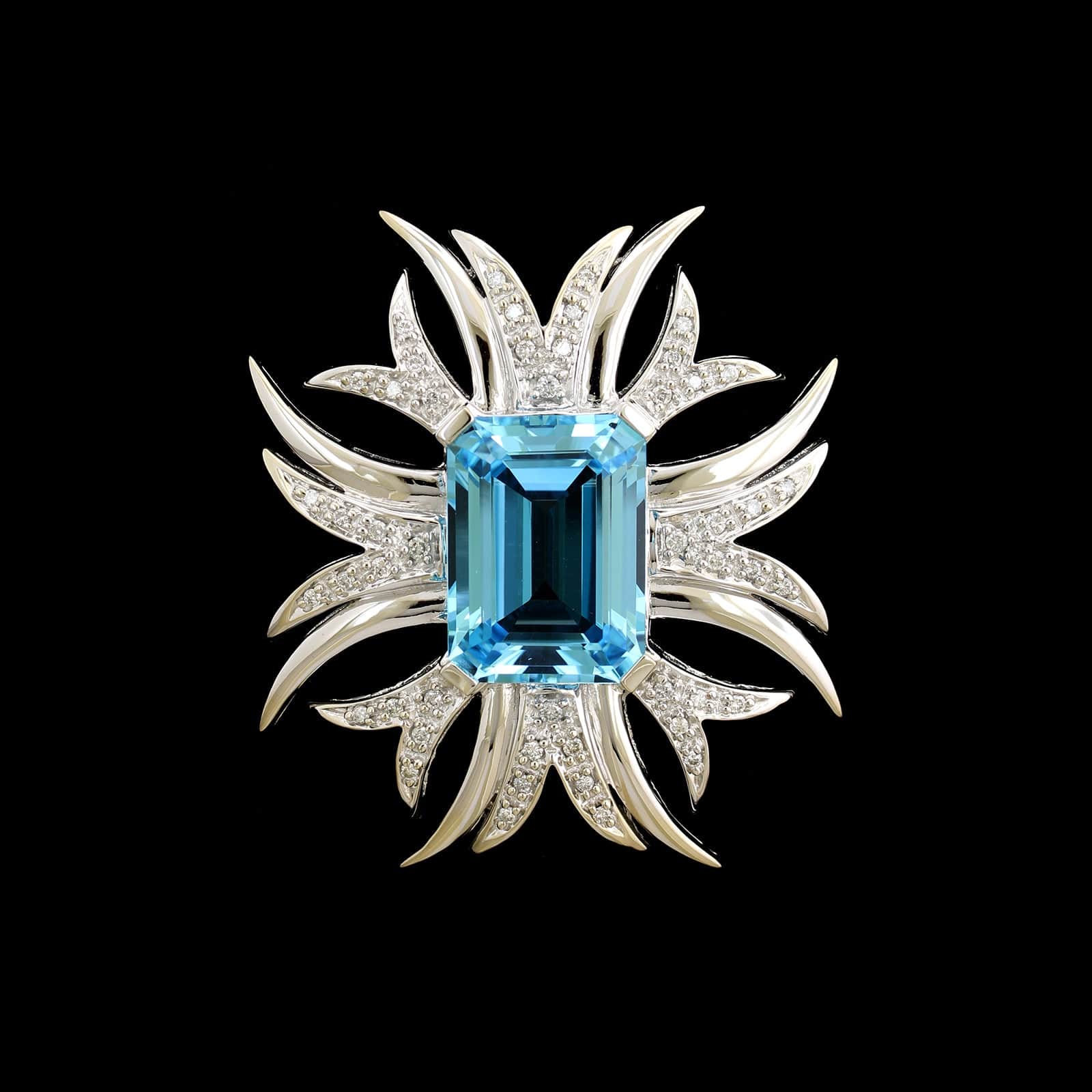 14K White Gold Estate Blue Topaz and Diamond Pin Pendant