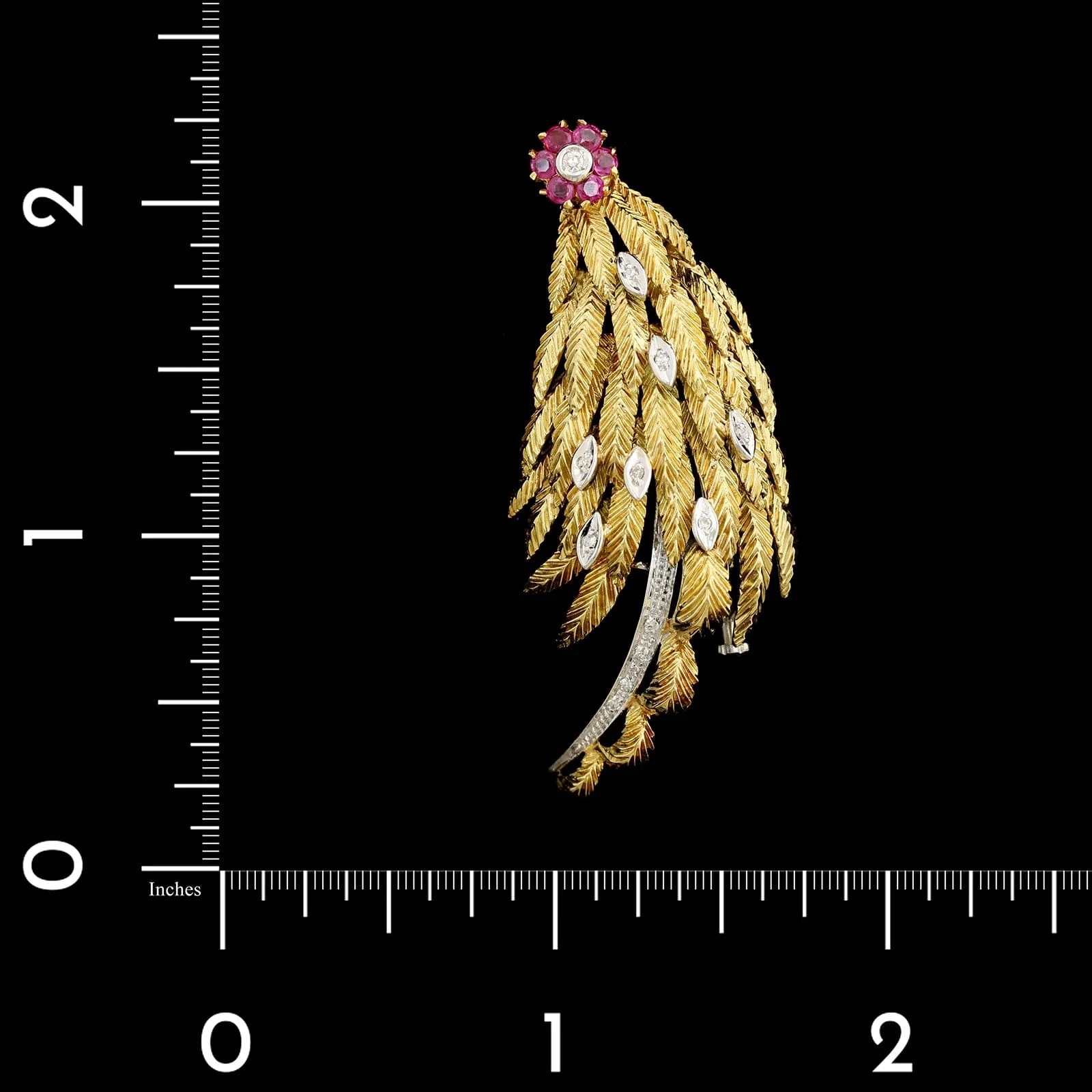 18K Two-tone Gold Estate Ruby and Diamond Pin - Image 3