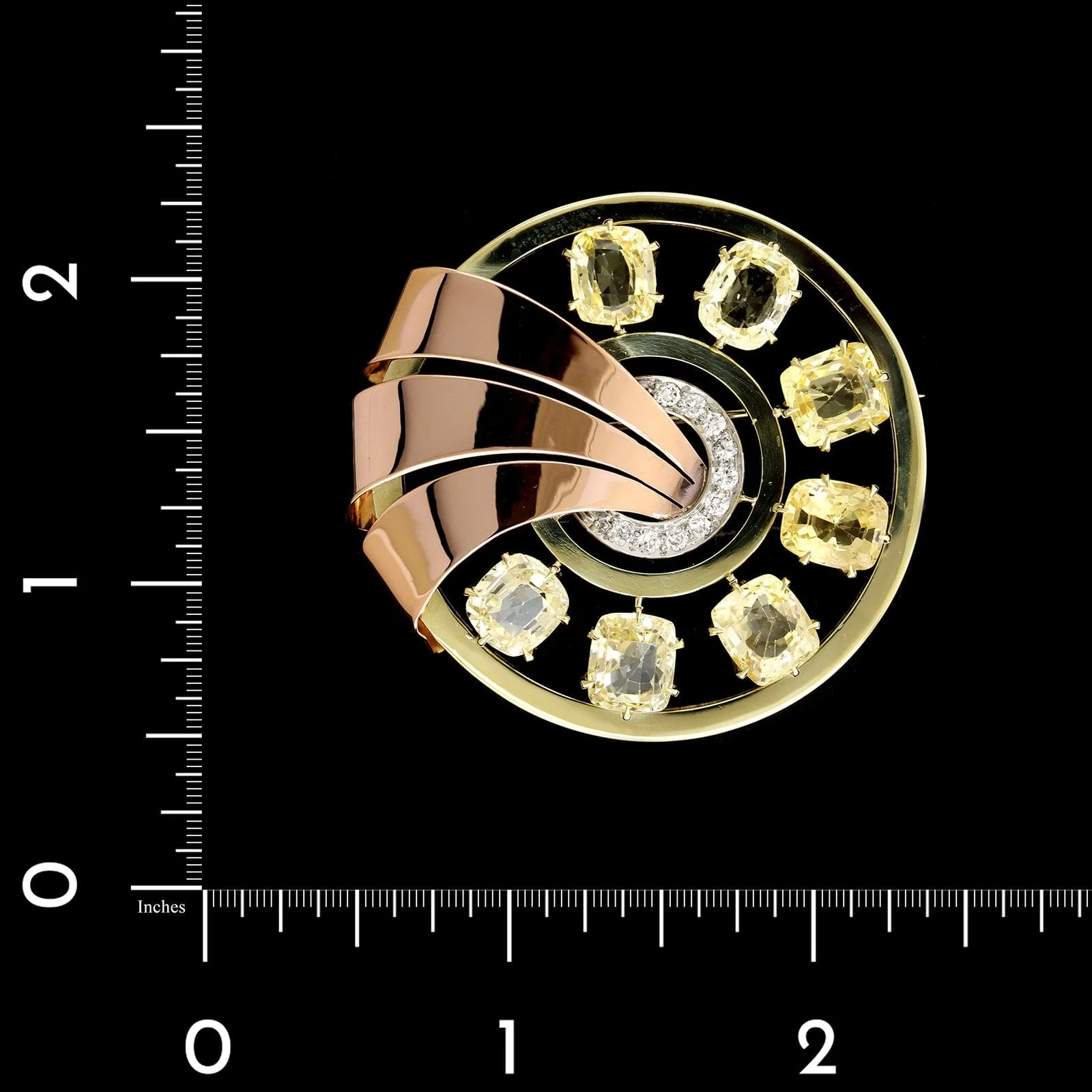 Eckfeldt & Ackley Retro 18K Rose and Yellow Gold Estate, Yellow Sapphire and Diamond Brooch - Image 3