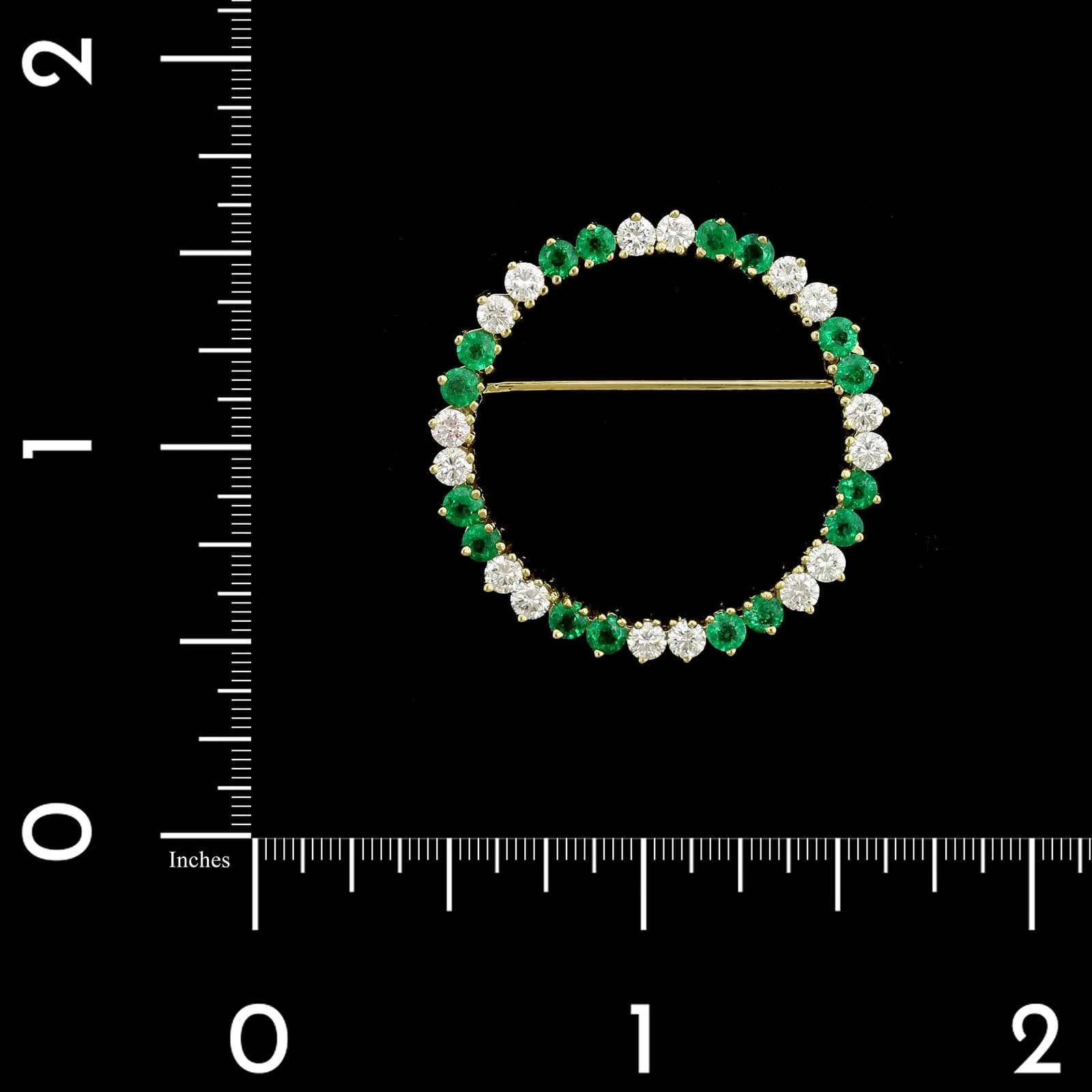 18K Yellow Gold Estate Emerald and Diamond Circle Pin - Image 3
