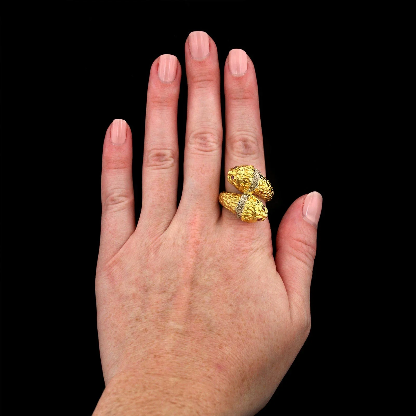 18K Yellow Gold Estate Double Chimera Head Ring - Image 2