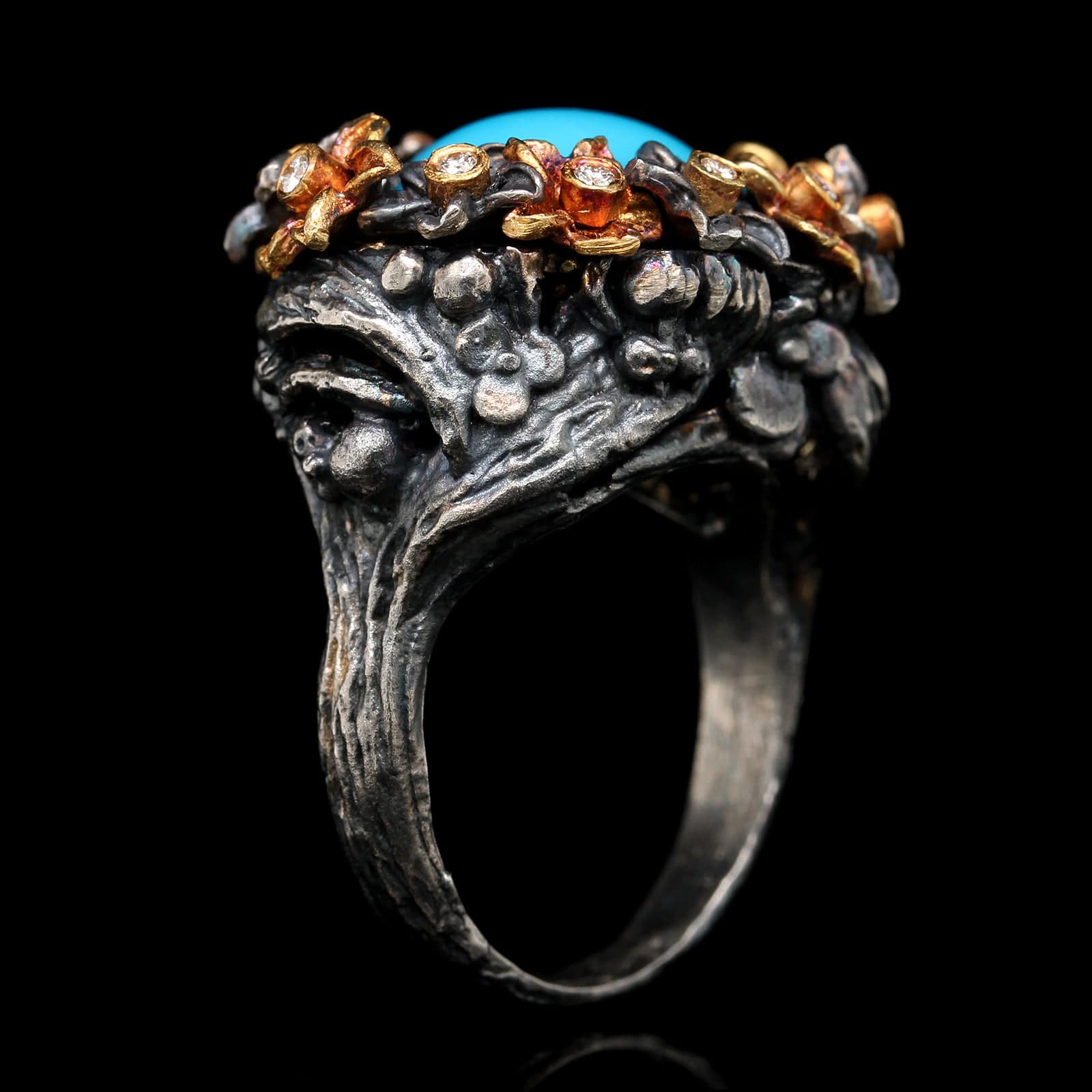 Lika Behar Sterling Silver 18K Rose Gold Estate Turquoise and Diamond Flower Ring - Image 3