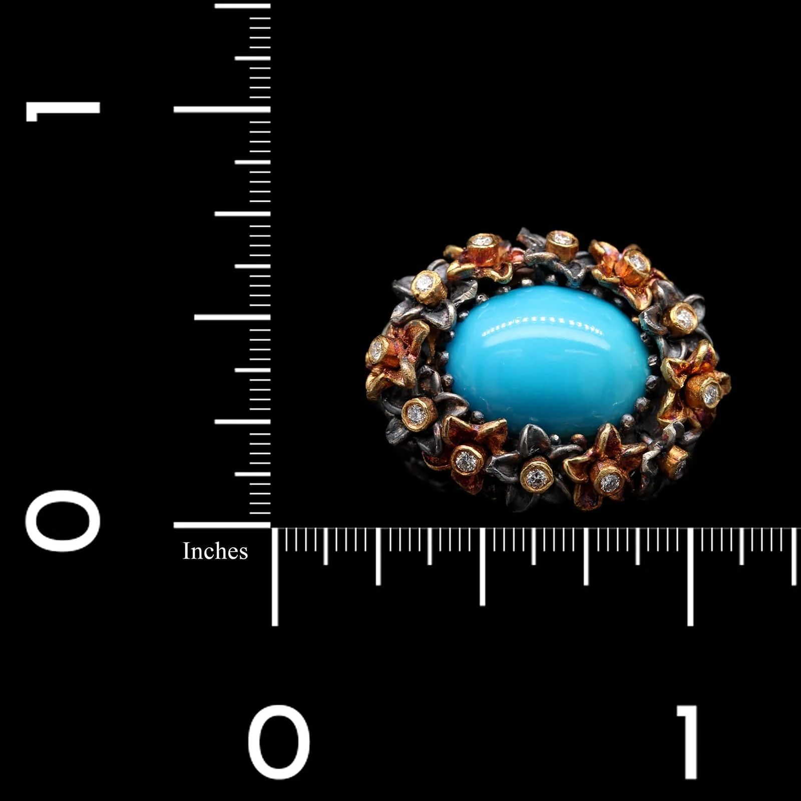 Lika Behar Sterling Silver 18K Rose Gold Estate Turquoise and Diamond Flower Ring - Image 4