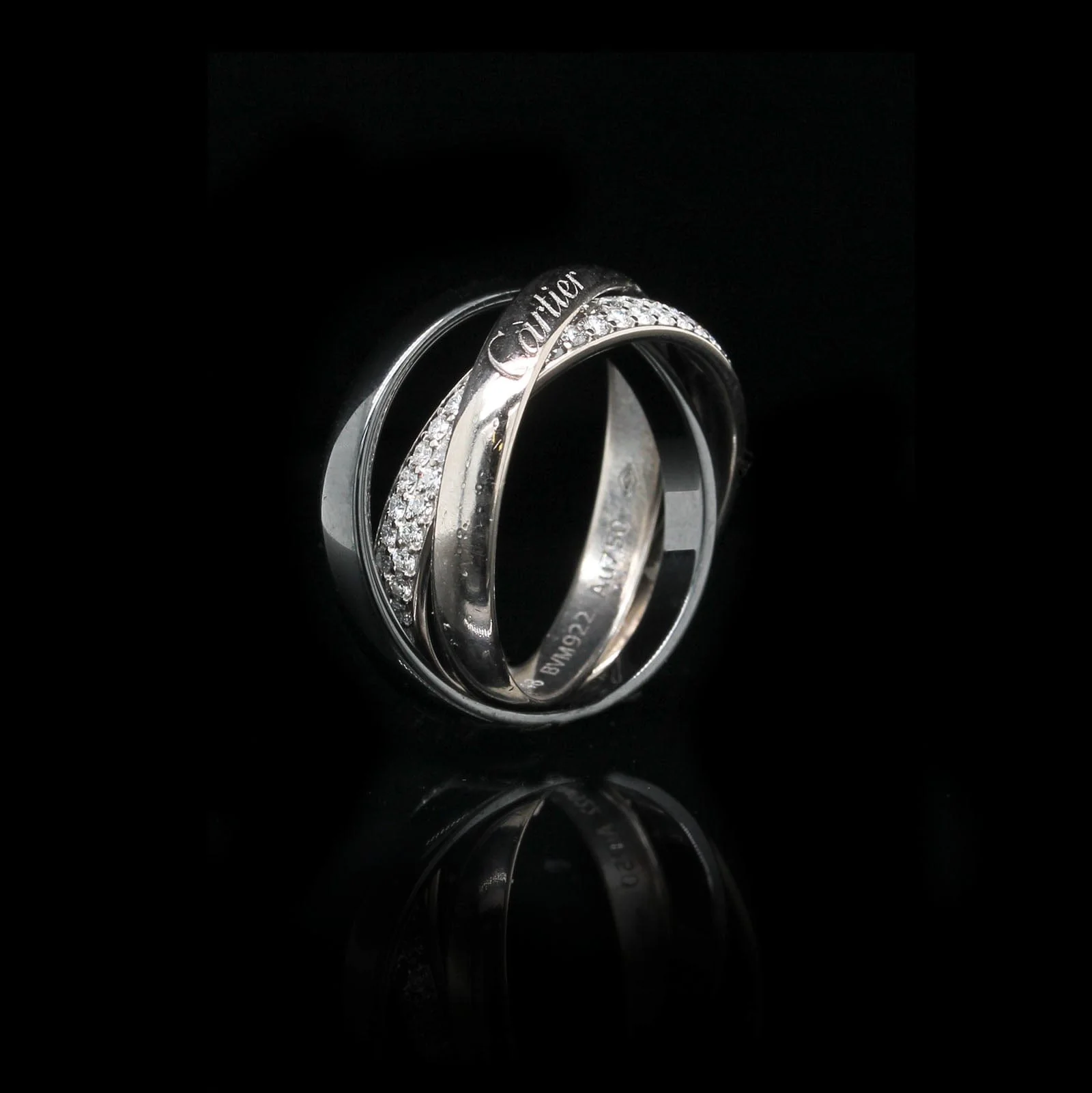 Cartier 18K White Gold Estate Diamond and Ceramic Trinity Ring - Image 3