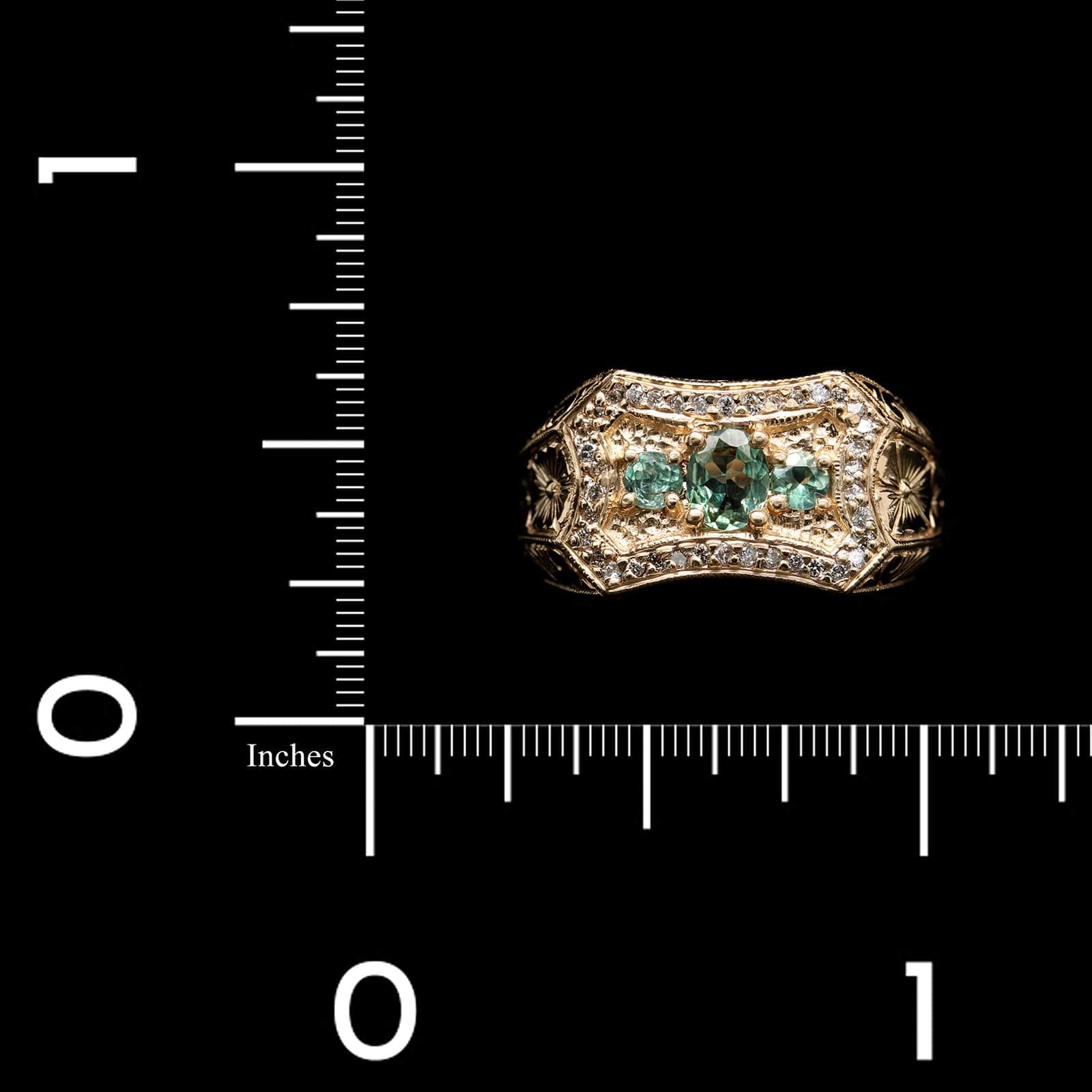 14K Yellow Gold Estate Chrysoberyl and Diamond Hand Engraved Ring - Image 3