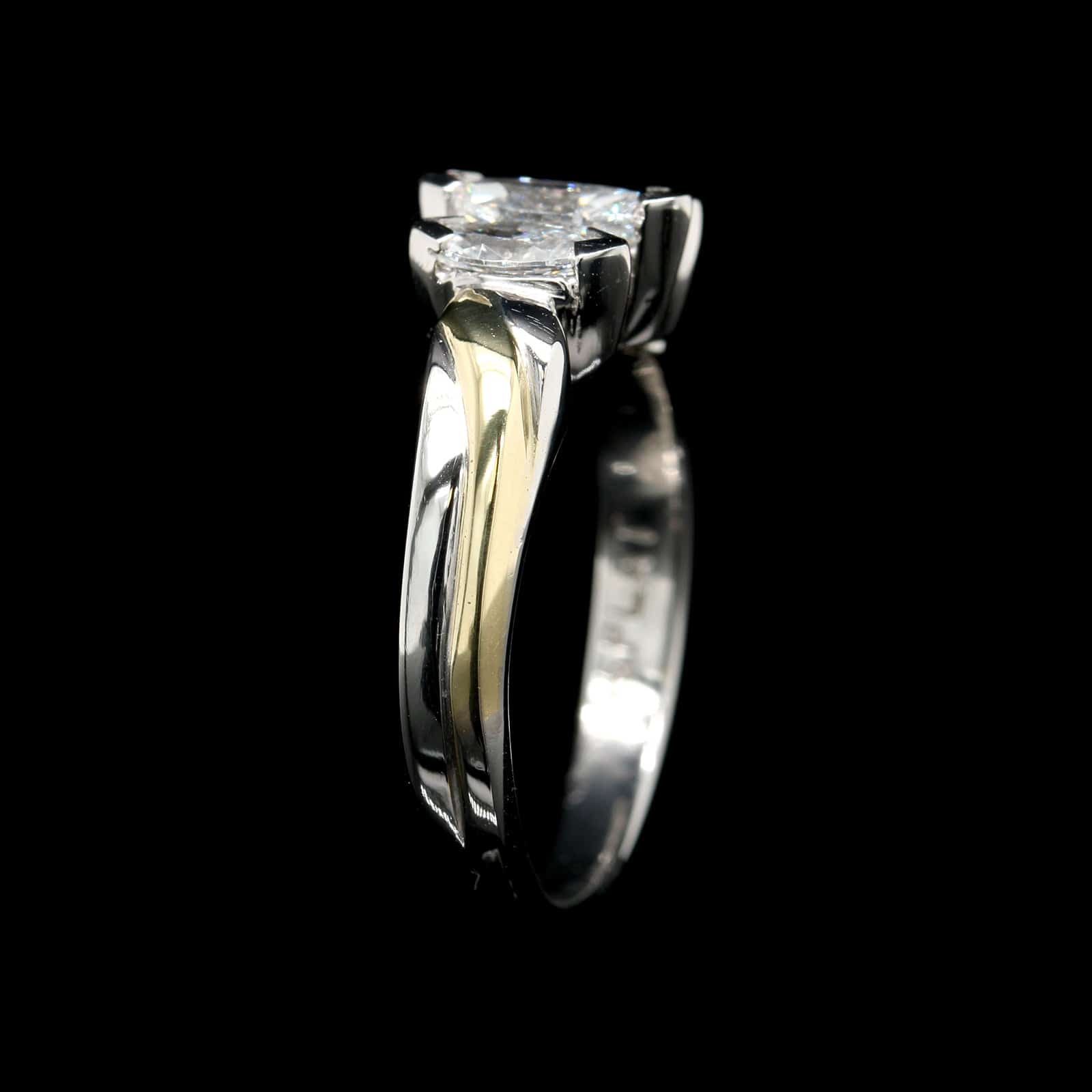 Platinum and 18K Yellow Gold Estate Diamond Marquise Three Stone Ring - Image 2