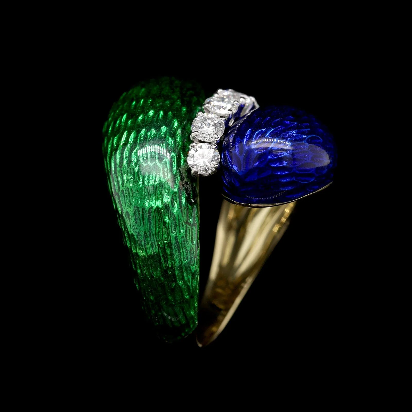 18K Yellow Gold Estate Enamel and Diamond Ring - Image 2