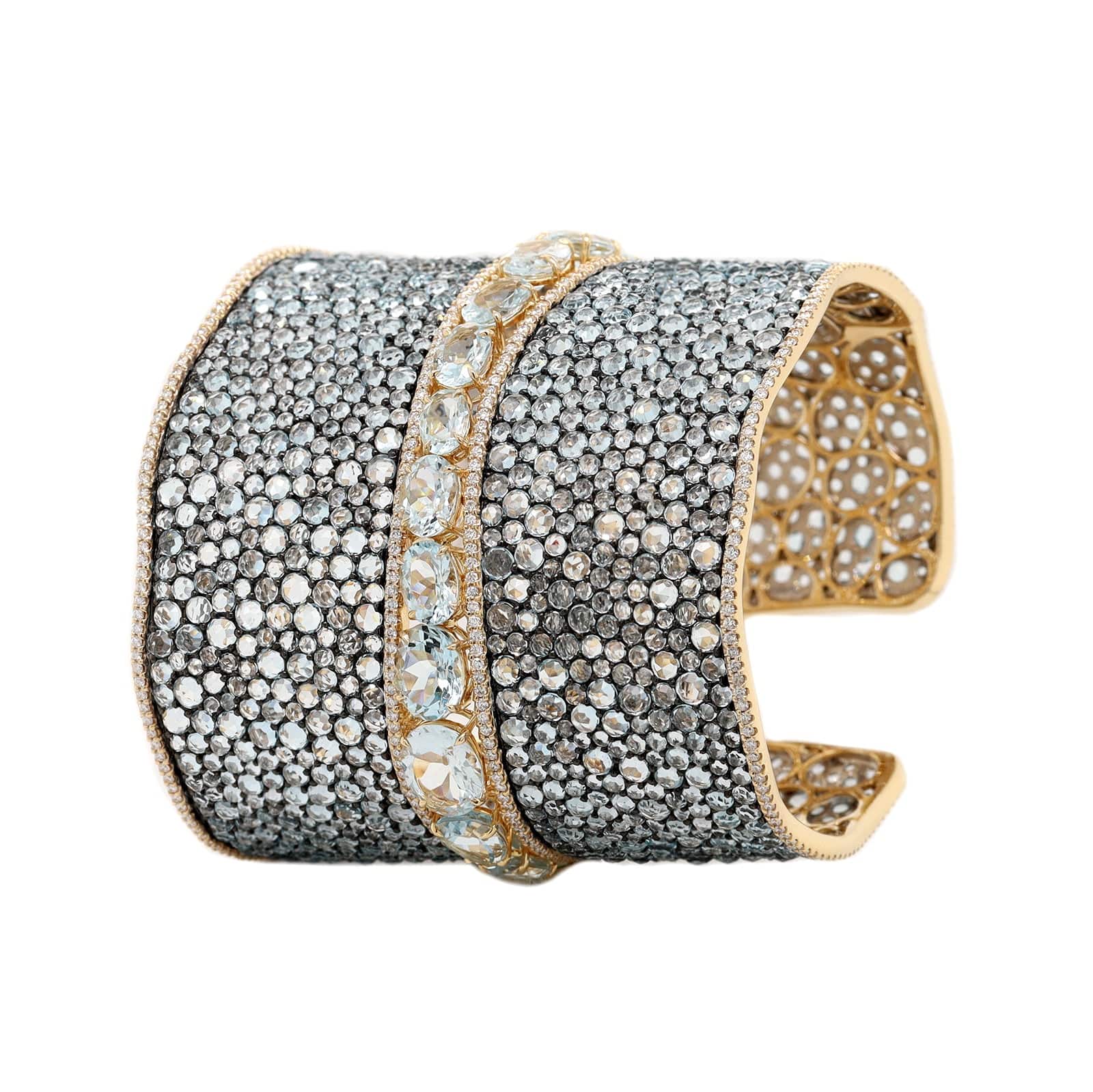 Etho Maria 18K Yellow Gold and Sterling Silver Diamond, Aquamarine, and Topaz Cuff Bracelet - Image 2