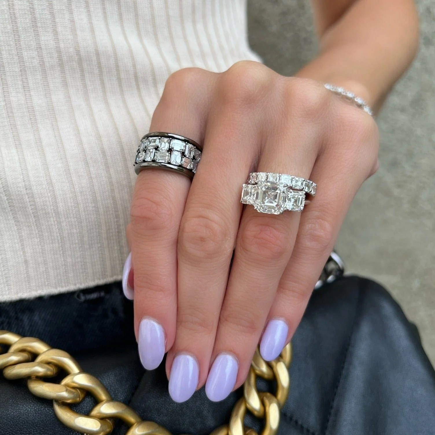 Platinum 3 Stone Asscher Cut Diamond Engagement Ring - Image 2