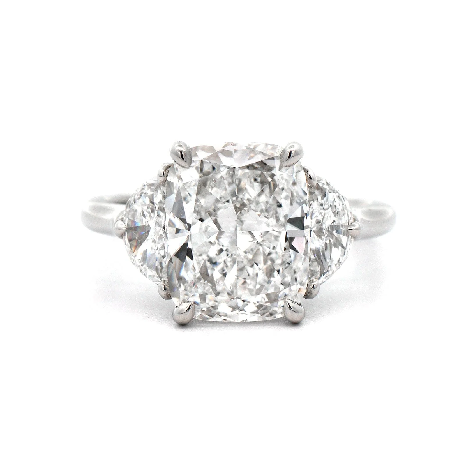 Platinum 3 Stone Cushion Center with Half Moon Sides Engagement Ring - Image 5