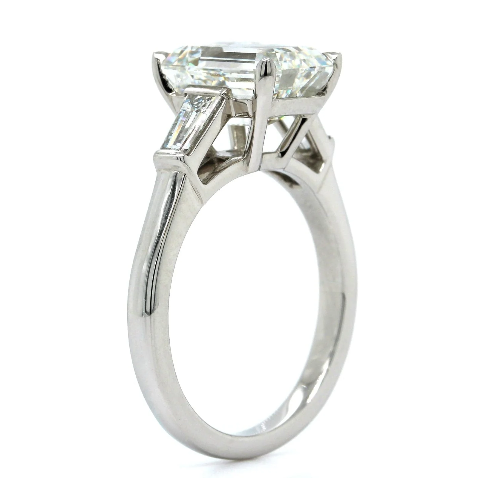 Platinum Emerald Diamond 3 Stone Engagement Ring - Image 3