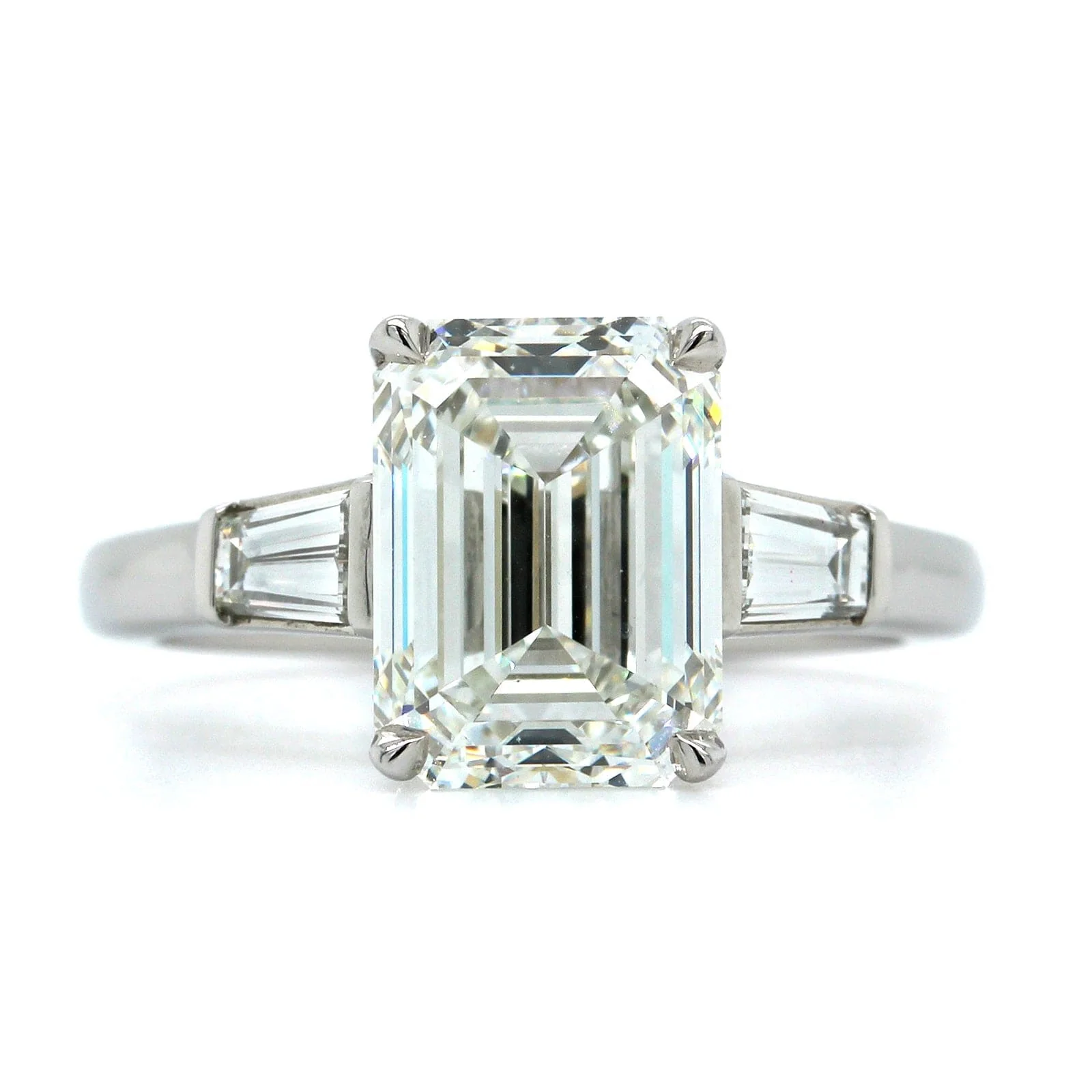Platinum Emerald Diamond 3 Stone Engagement Ring - Image 5