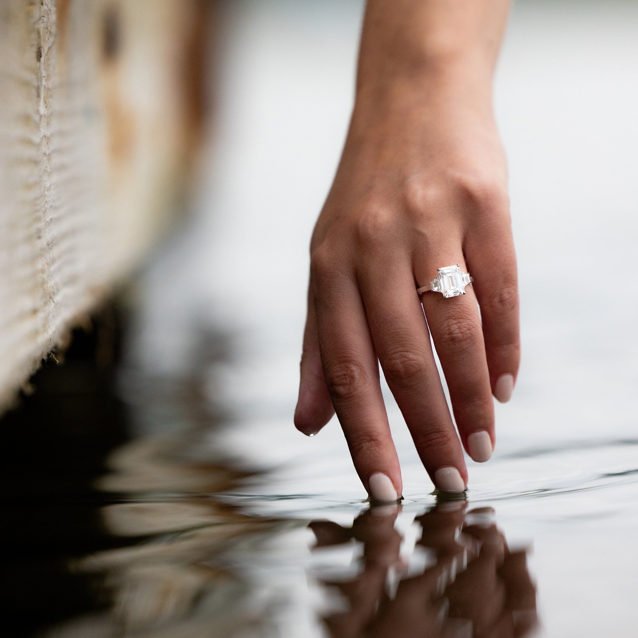 Platinum Emerald Cut Diamond 3 Stone Engagement Ring - Image 2