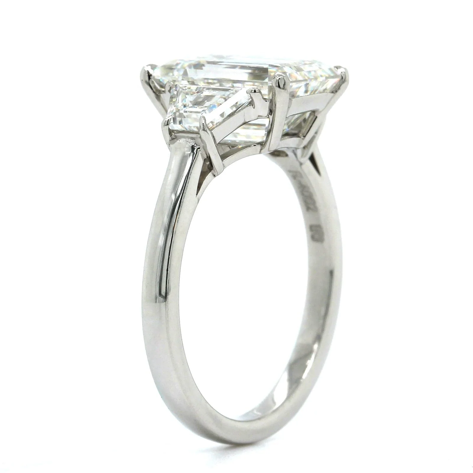 Platinum Emerald Cut Diamond 3 Stone Engagement Ring - Image 3