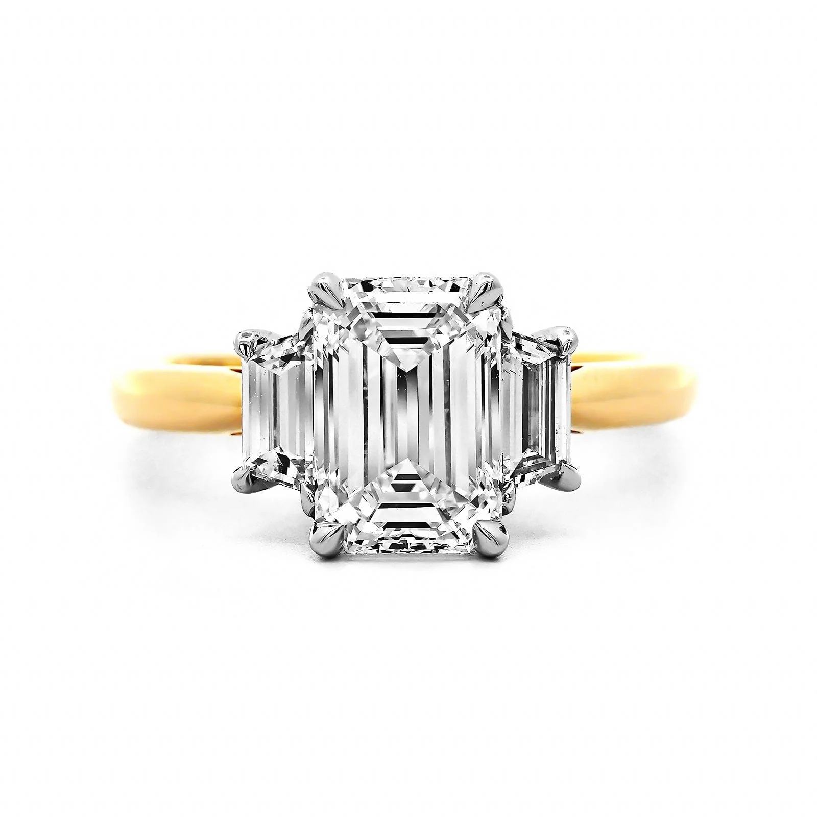 18K Yellow Gold 3 Stone Emerald Cut Diamond Engagement Ring