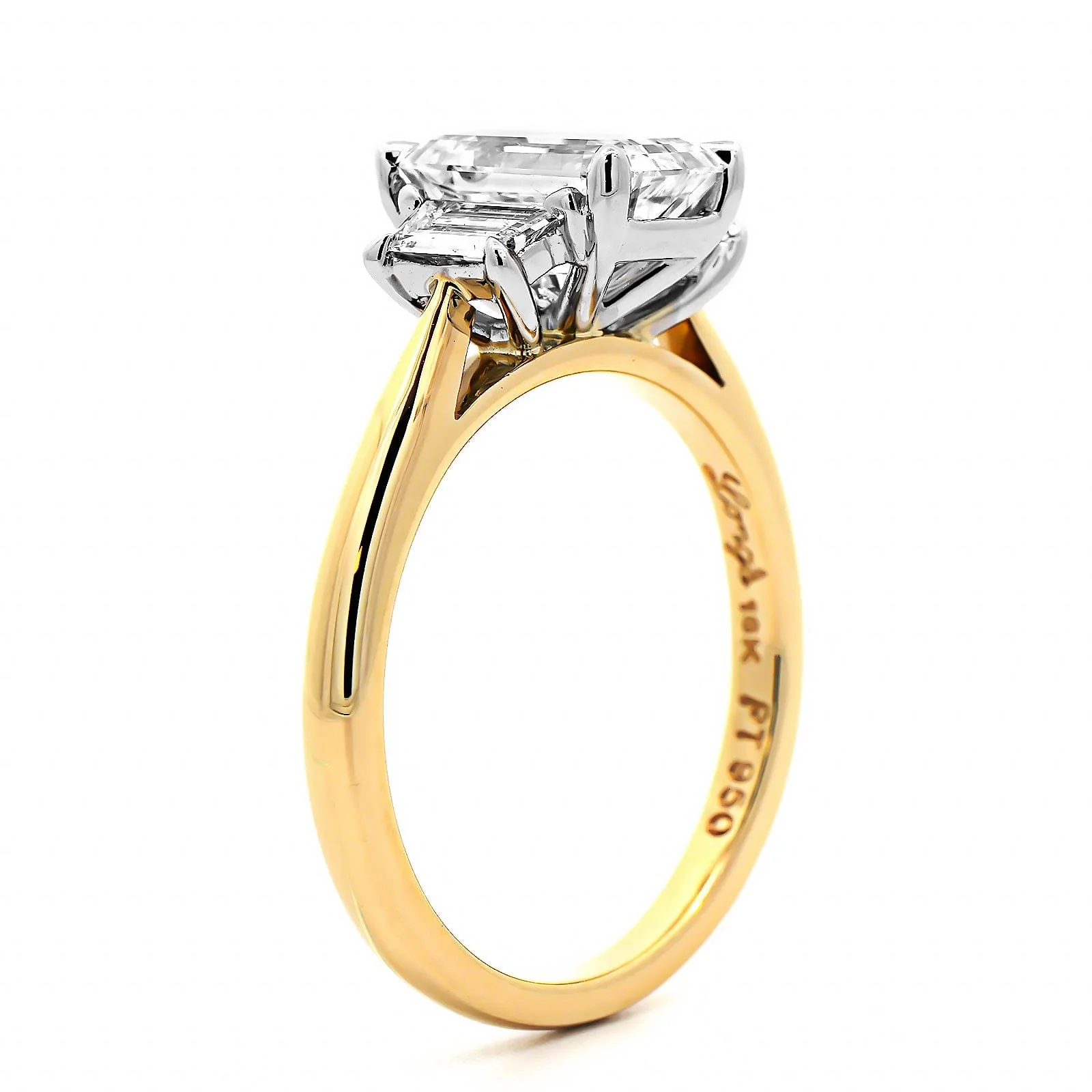 18K Yellow Gold 3 Stone Emerald Cut Diamond Engagement Ring - Image 2