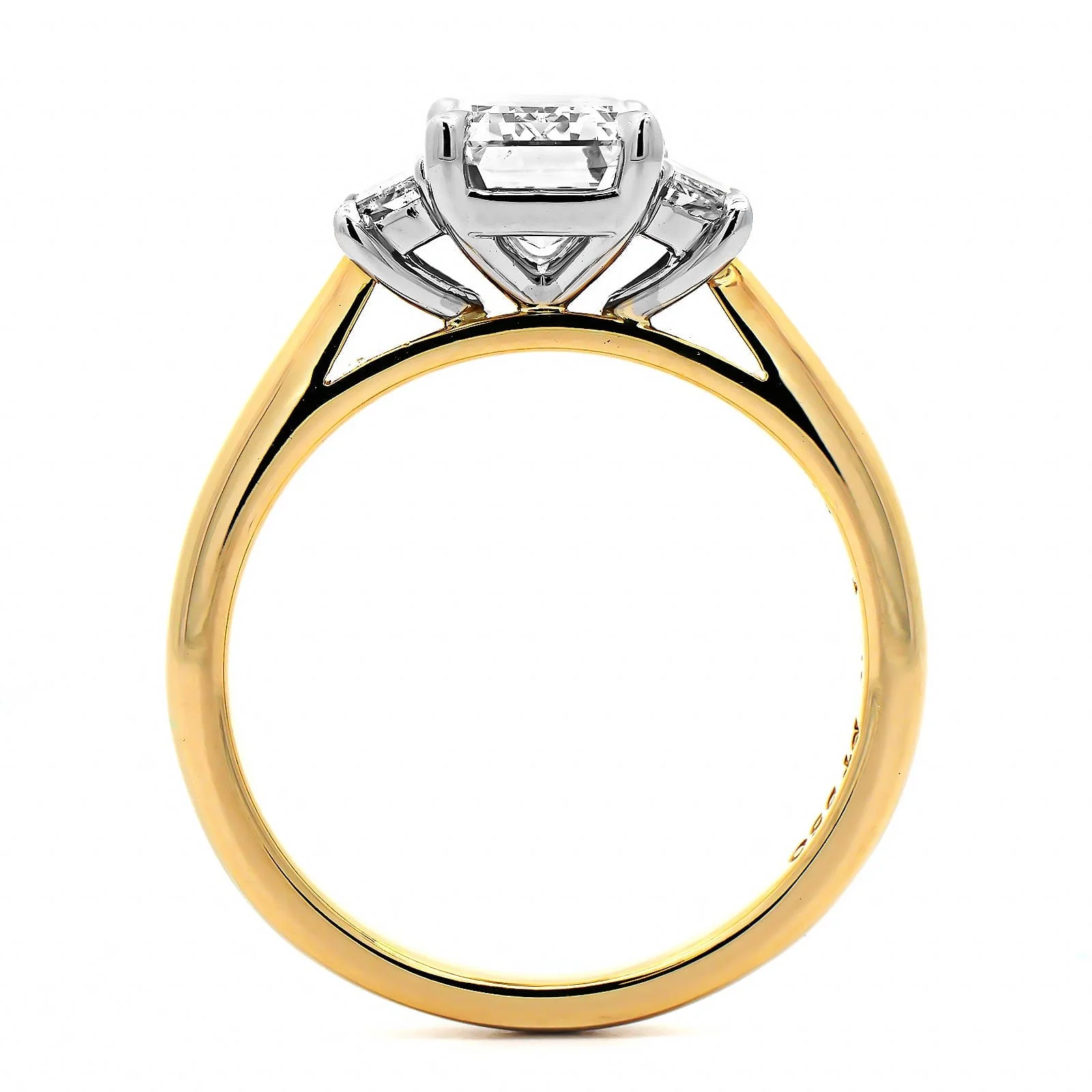18K Yellow Gold 3 Stone Emerald Cut Diamond Engagement Ring - Image 3