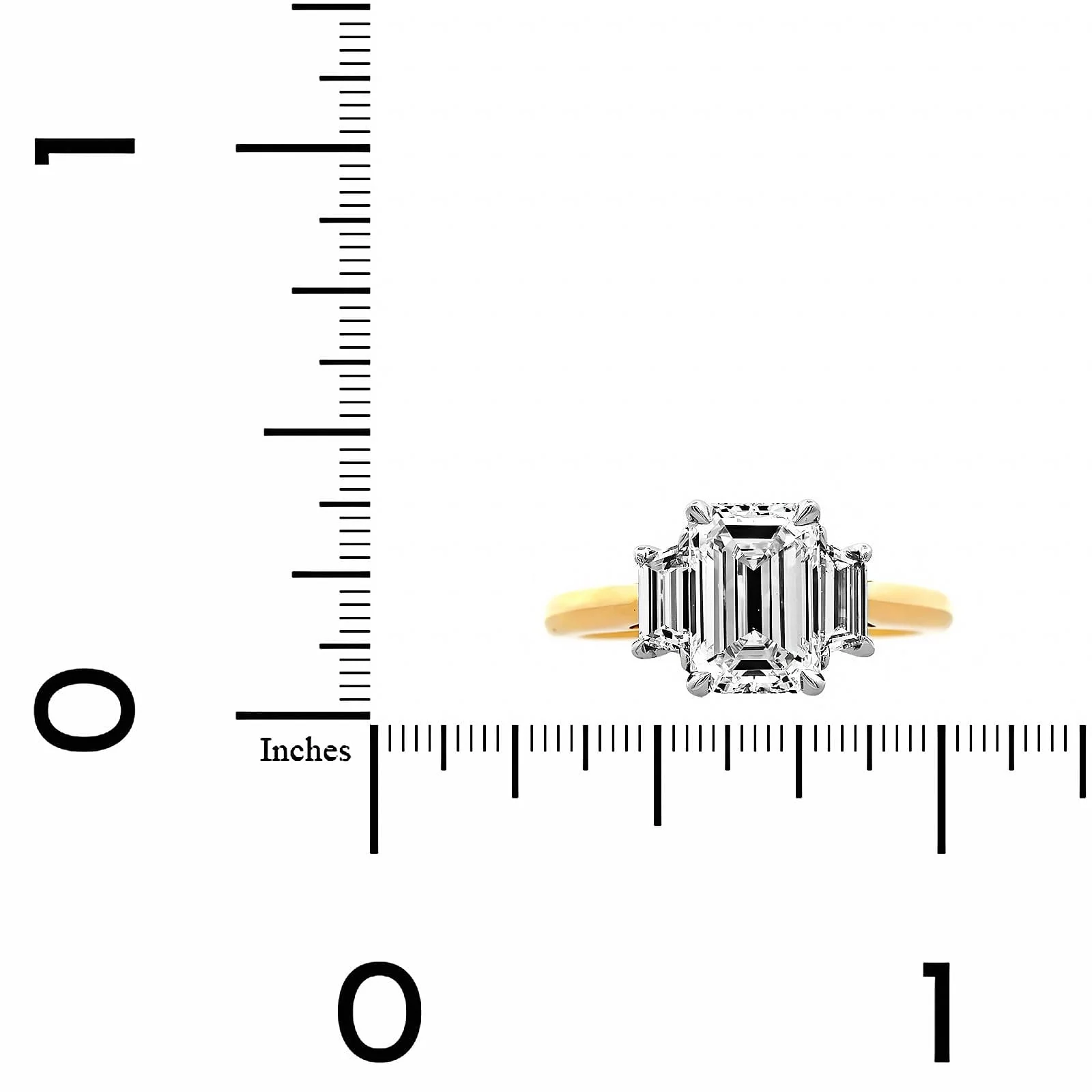 18K Yellow Gold 3 Stone Emerald Cut Diamond Engagement Ring - Image 4