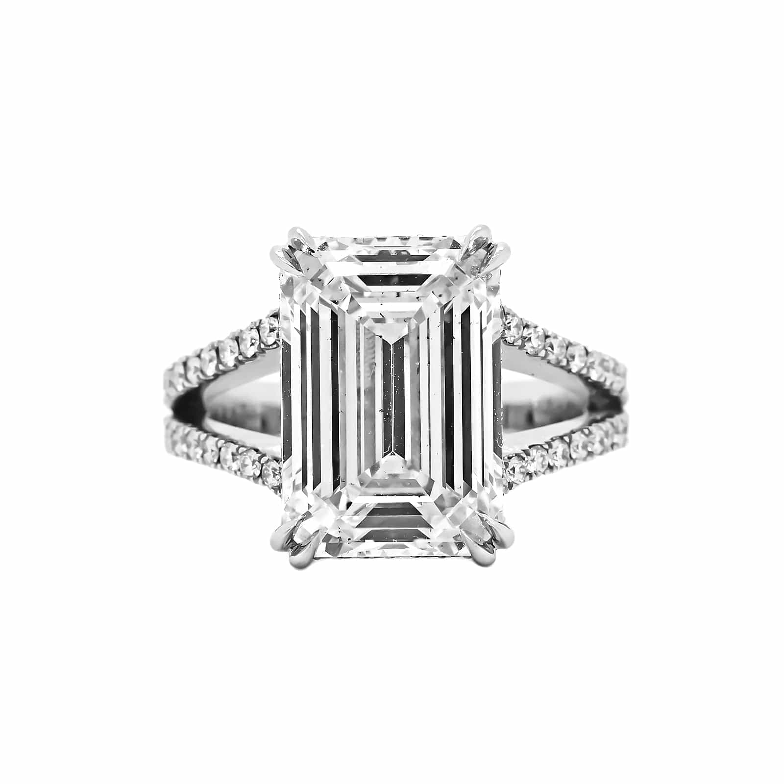 Platinum Emerald Cut Diamond Split Shank Engagement Ring