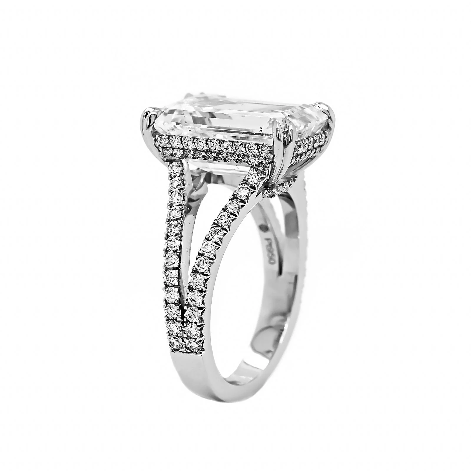 Platinum Emerald Cut Diamond Split Shank Engagement Ring - Image 2