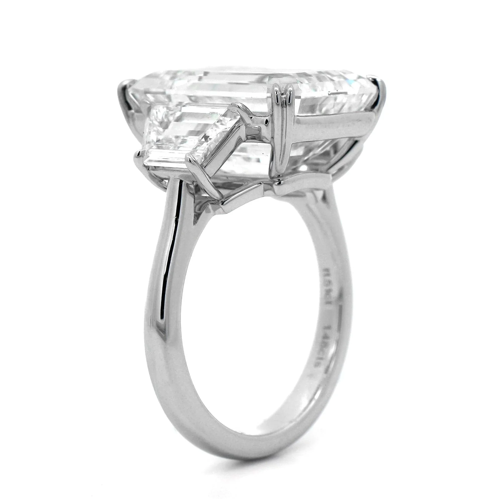 Platinum Emerald Diamond 3 Stone Engagement Ring - Image 2