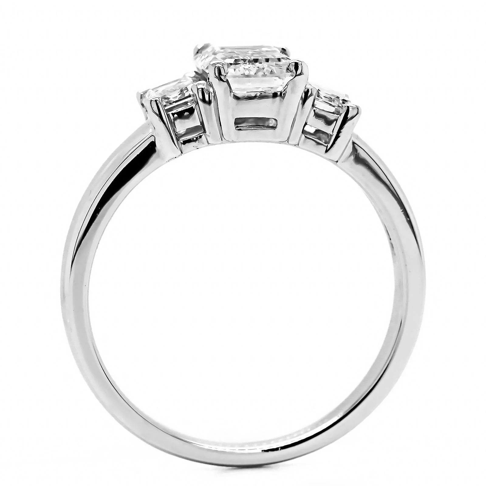 Platinum Emerald Diamond 3 Stone Engagement Ring - Image 3