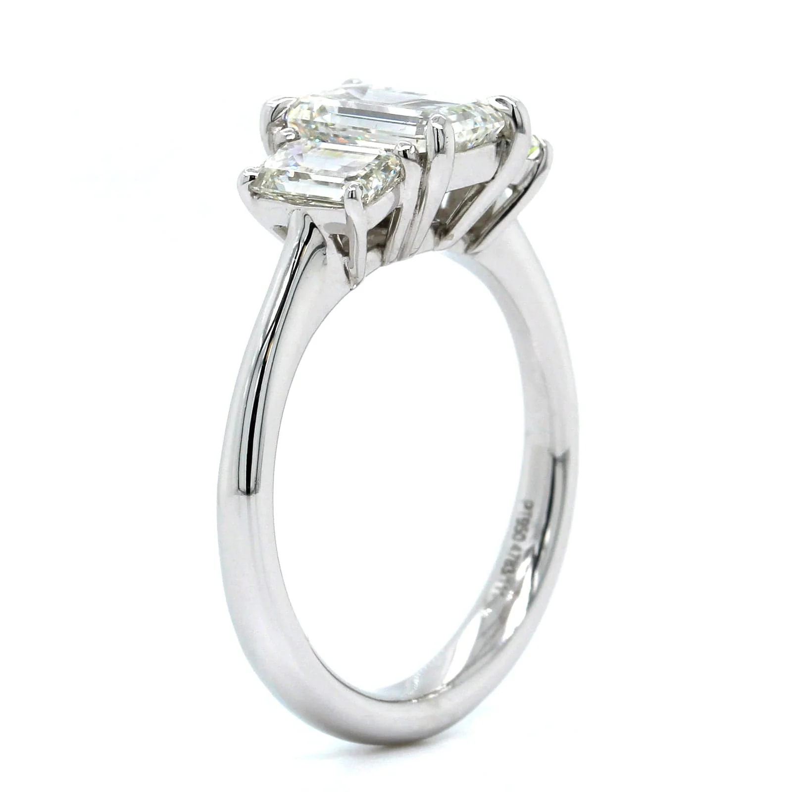 Platinum Emerald Diamond 3 Stone Engagement Ring - Image 2
