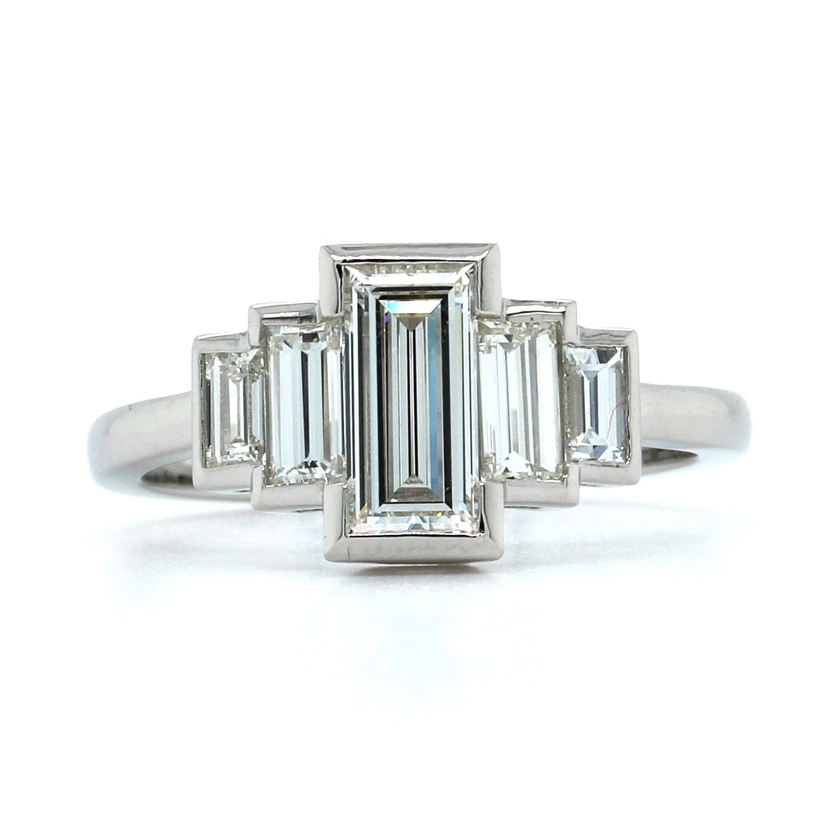 Platinum 5 Stone Emerald Cut Retro Style Engagement Ring