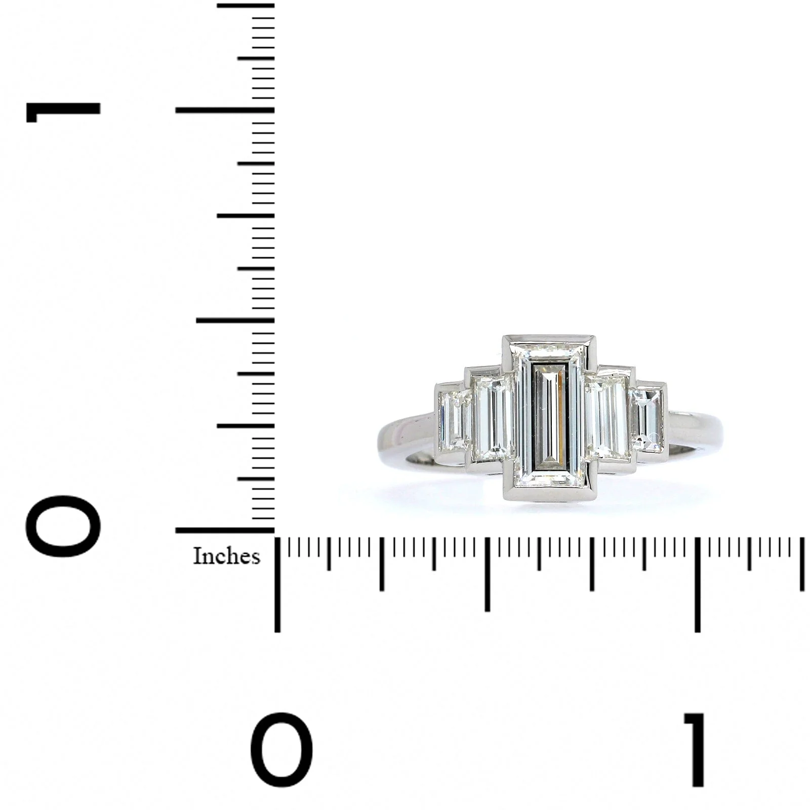 Platinum 5 Stone Emerald Cut Retro Style Engagement Ring - Image 4