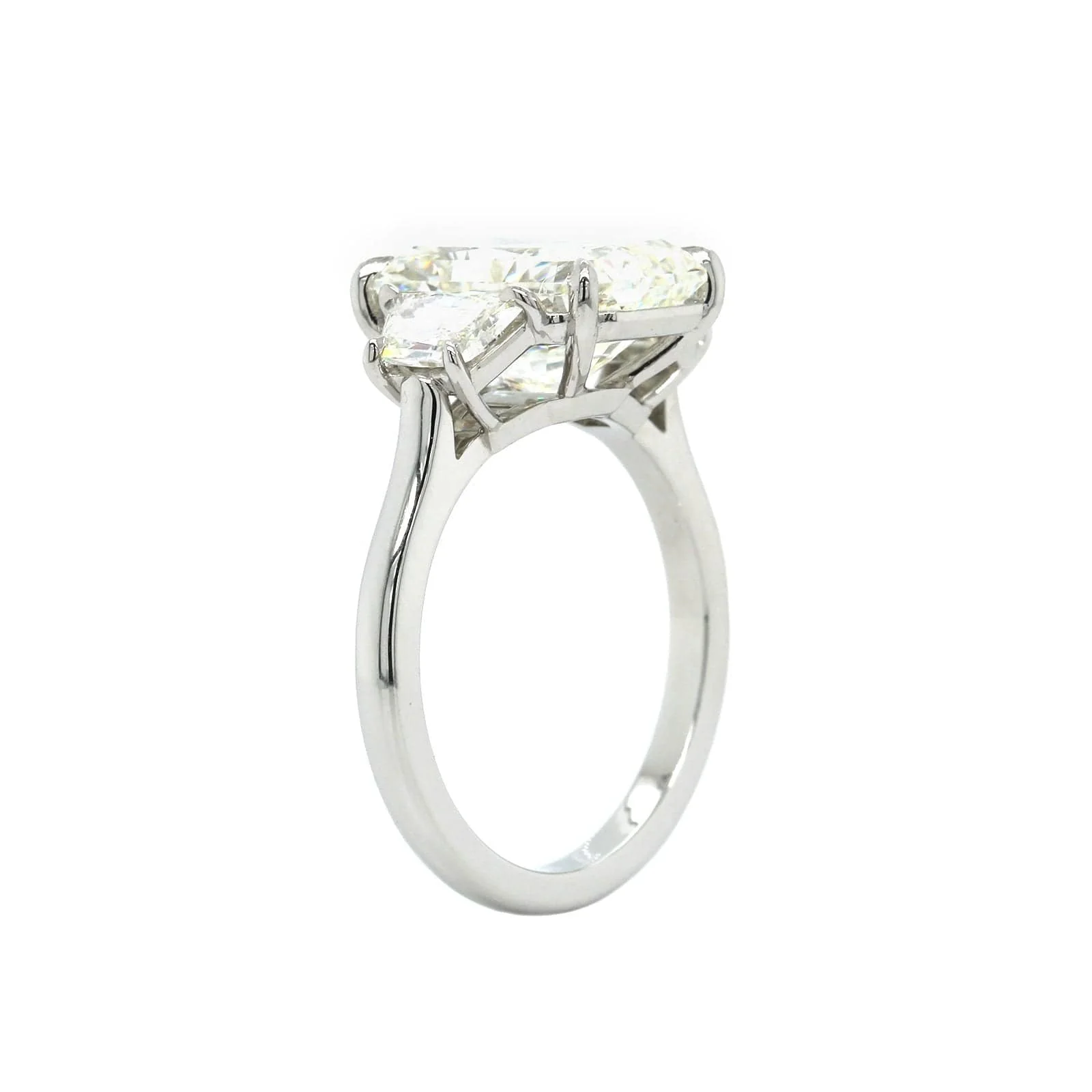 Platinum 3 Stone Emerald Cut Diamond with Trap Sides Engagement Ring - Image 2