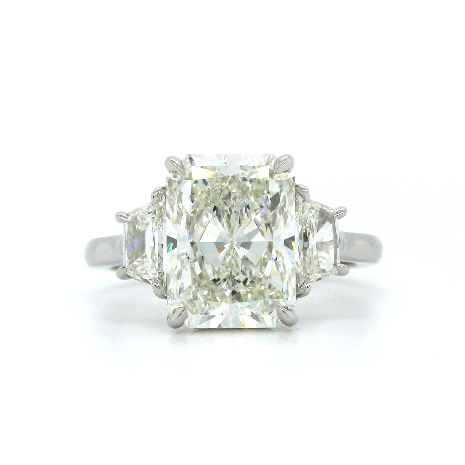 Platinum 3 Stone Emerald Cut Diamond with Trap Sides Engagement Ring - Image 4