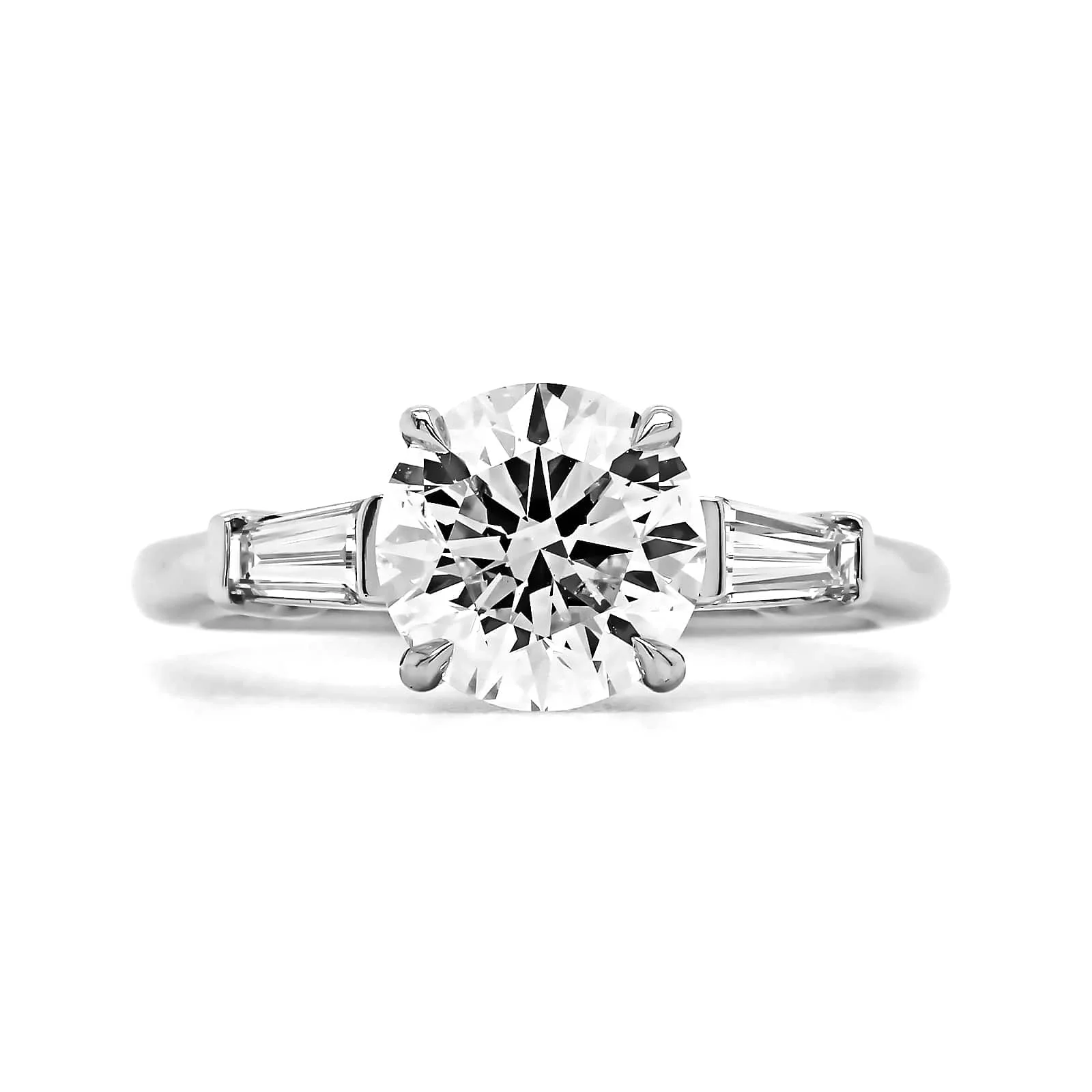 Platinum Round Diamond with Baguette Sides Engagement Ring - Image 5