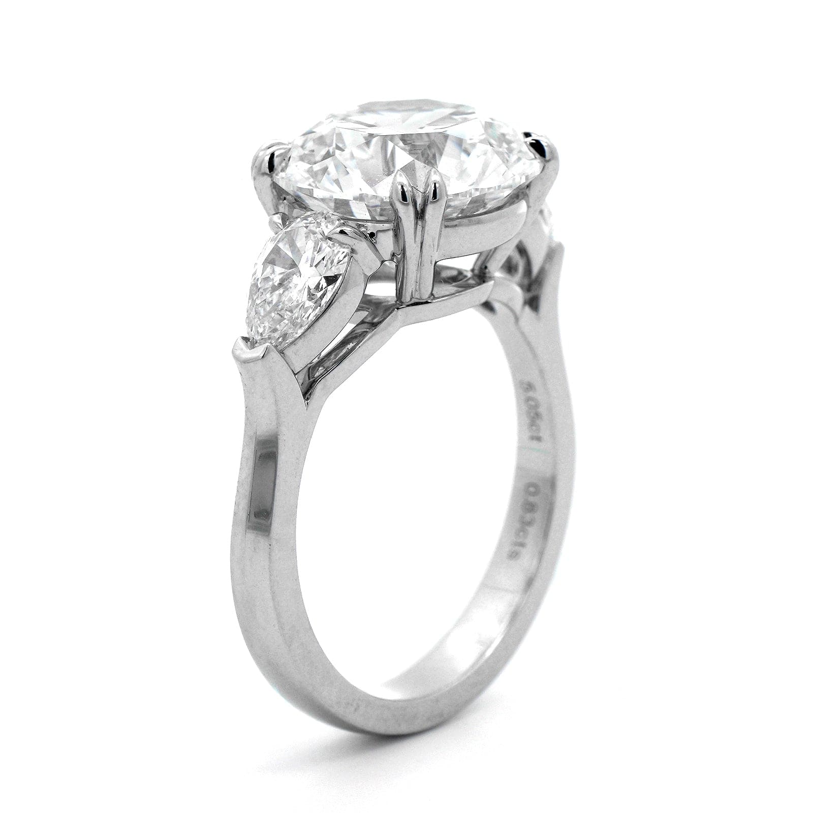 Platinum 3 Stone Round and Pear Shaped Diamond Engagement Ring - Image 2
