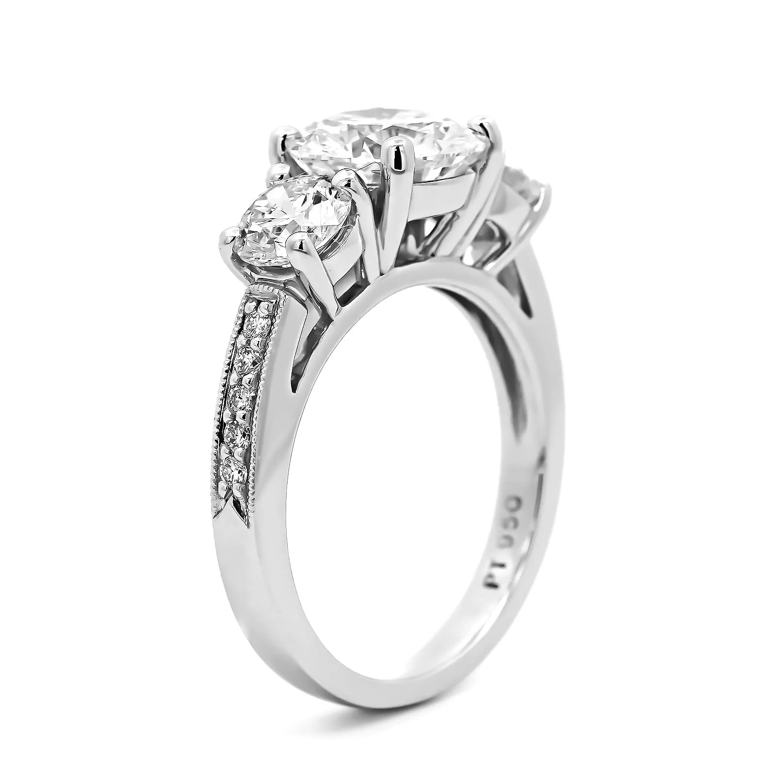 Platinum 3 Stone Round Diamond Engagement Ring - Image 2